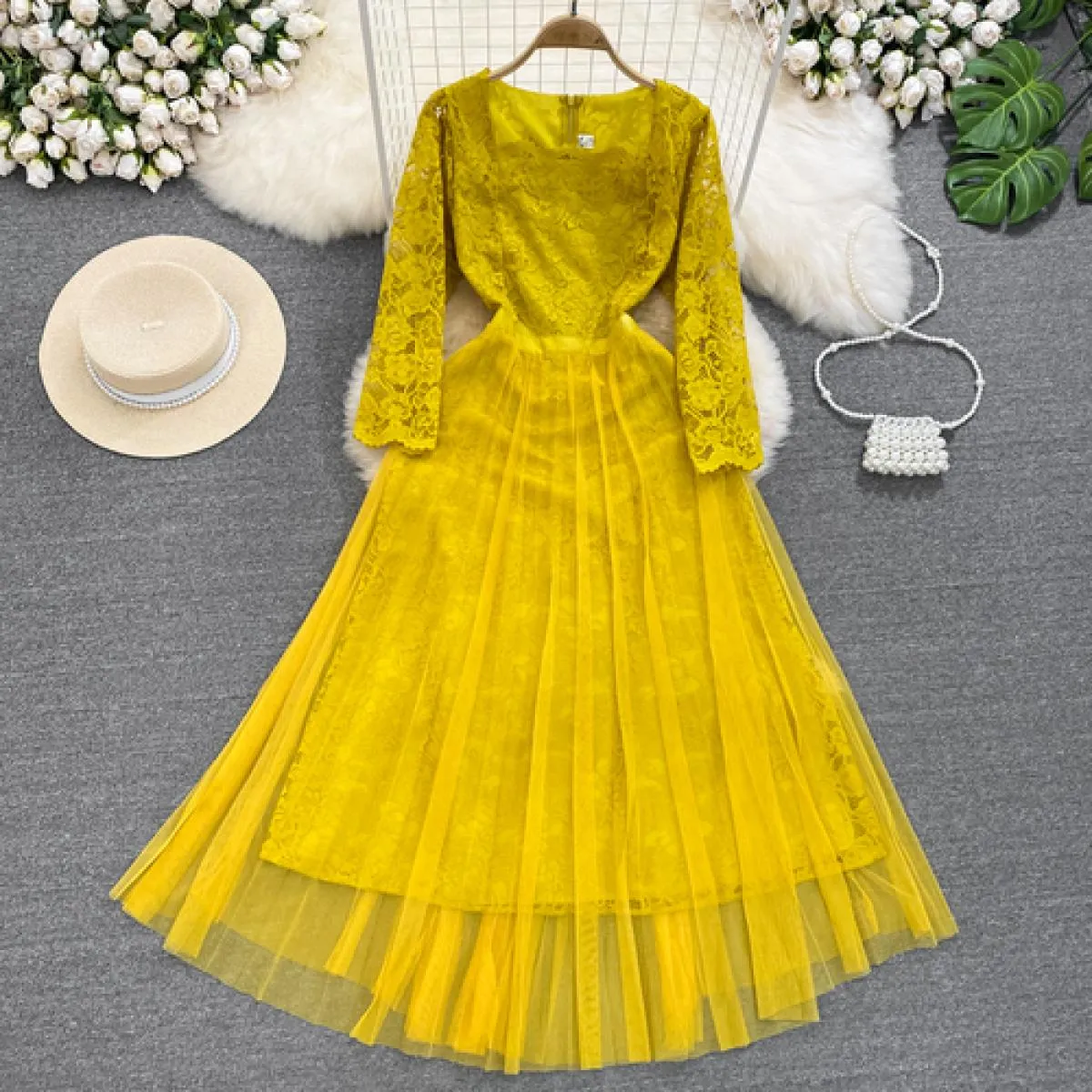 Abito da sera lungo da festa estivo per le donne Tulle cuciture a due strati con gancio fiore abiti da donna abiti da ballo di l