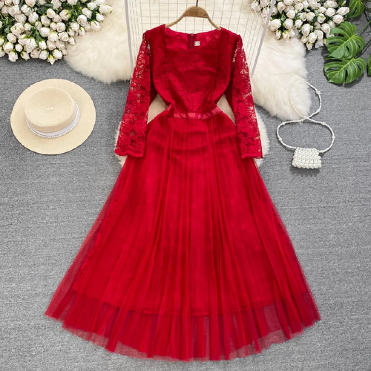Abito da sera lungo da festa estivo per le donne Tulle cuciture a due strati con gancio fiore abiti da donna abiti da ballo di l