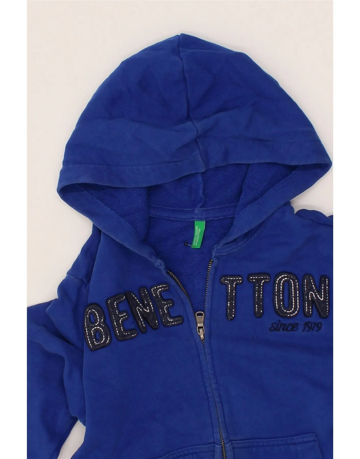 BENETTON Boys Graphic Zip Hoodie Sweater 7-8 Years Medium Blue Cotton