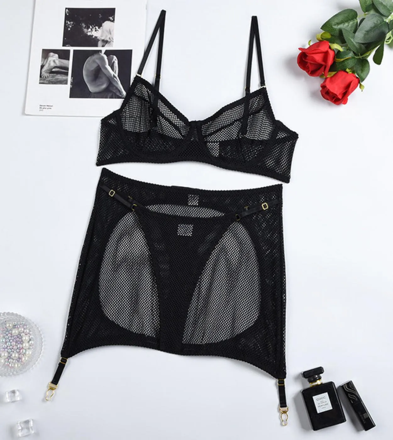 Biancheria intima in pizzo da donna Set di biancheria intima a rete Vedere attraverso la maglia senza censura Under Wear Reggise