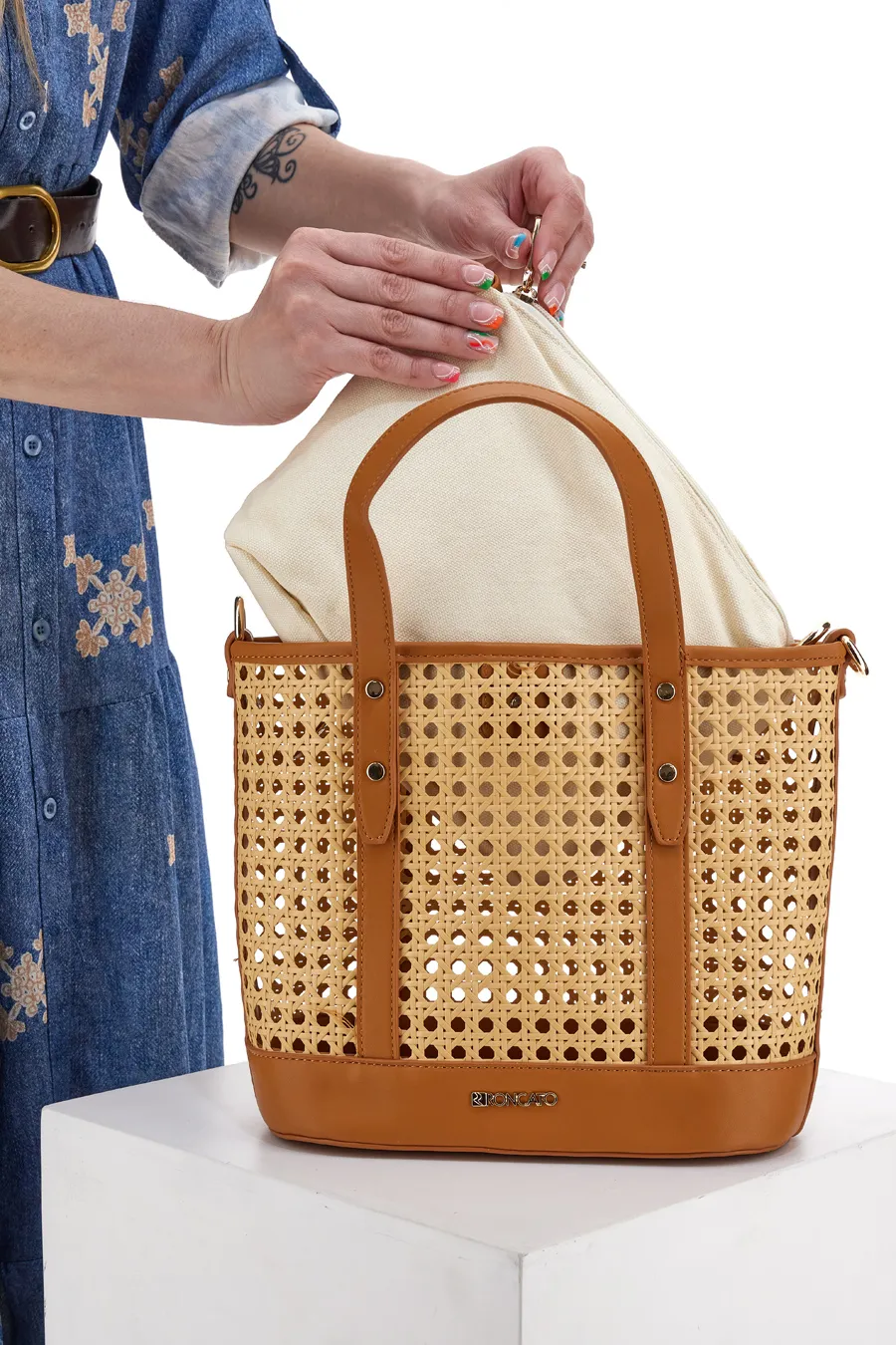 Borsa a Spalla Beige in Rafia Roncato 5259583