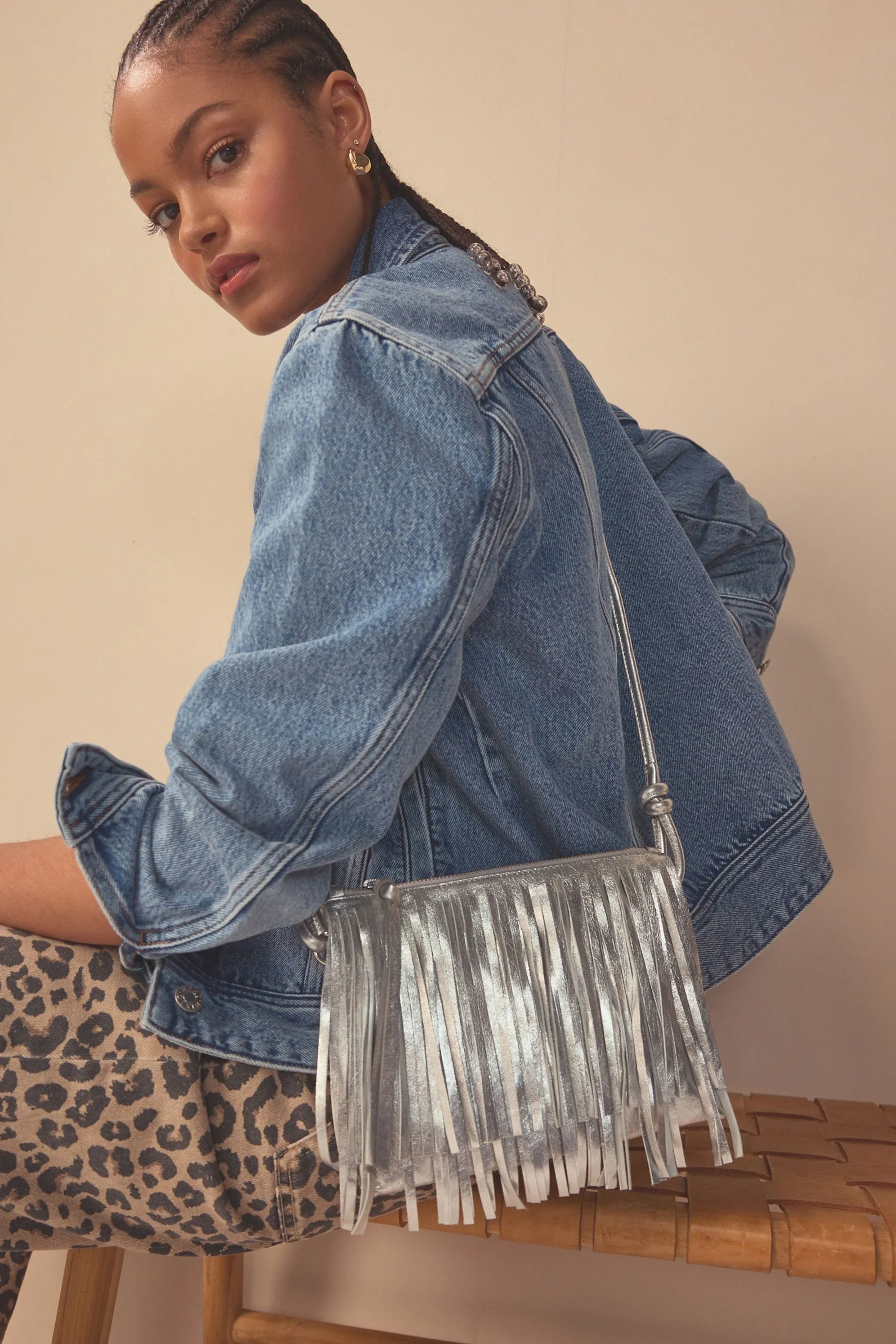 Borsa a tracolla western in pelle con frange    