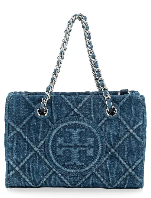 Borsa Tory Burch Mini Fleming Soft Chain Tote in denim blu
