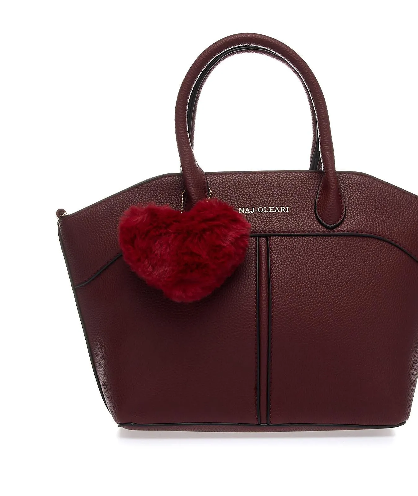 Borsetta bordeaux con cuciture e ciondolo cuore in peluche