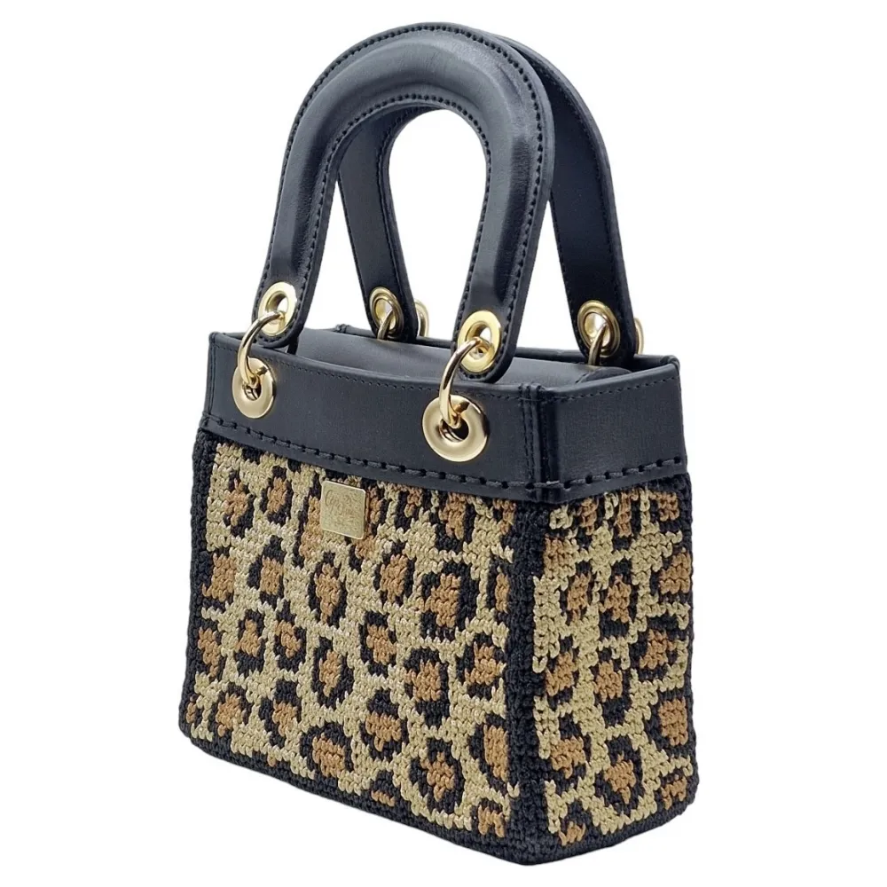 CapriNina - CapriDì Mini - Borsa Pregiata Relizzata a Mano a Capri - Nera Leopardata - Handmade in Italy - Exclusive Luxury