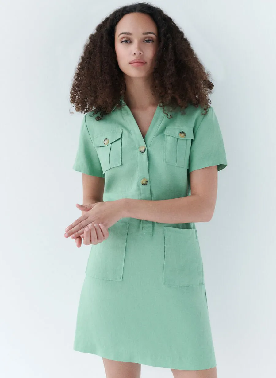  CAROLL   LAUREB - Abito corto con collo classico in lino | Verde