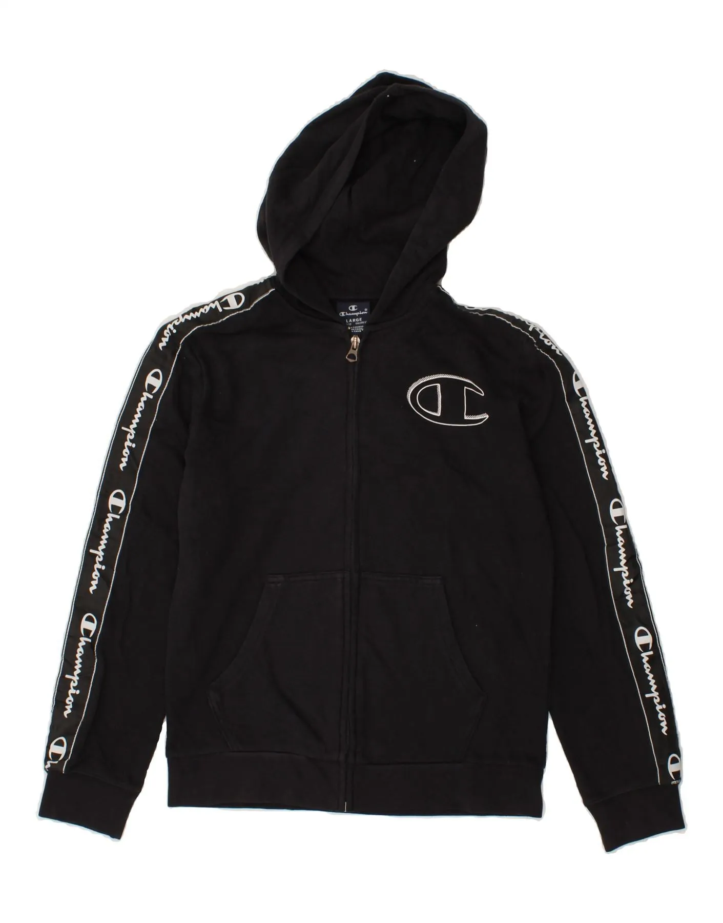 CHAMPION Boys Graphic Zip Hoodie Sweater 11-12 Years Large Black Cotton