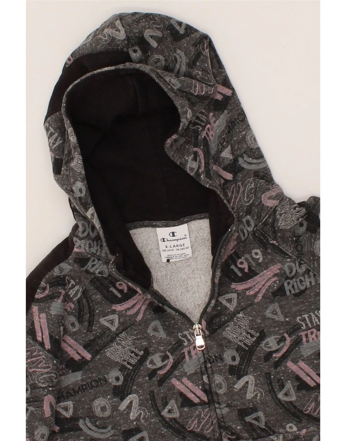 CHAMPION Girls Graphic Zip Hoodie Sweater 13-14 Years XL Grey Colourblock