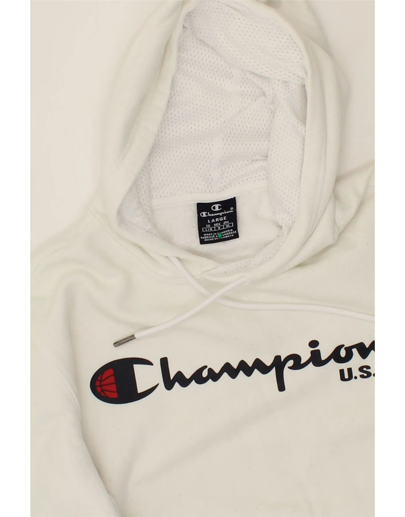 CHAMPION Mens Graphic Hoodie Jumper Large White Cotton