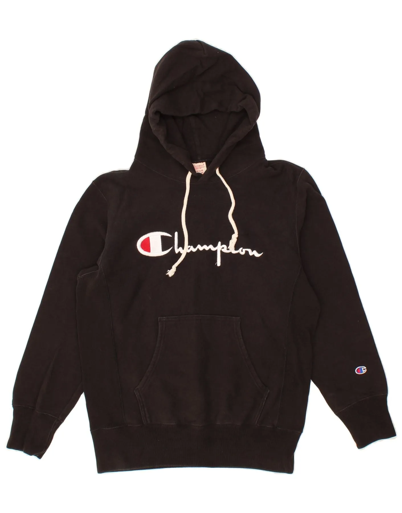 CHAMPION Mens Reverse Weave Graphic Hoodie Jumper Medium Black Cotton
