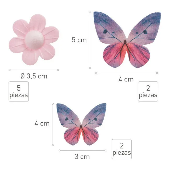 Cialde con fiori e farfalle rosa e lilla - 7 pz.