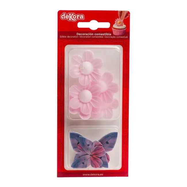 Cialde con fiori e farfalle rosa e lilla - 7 pz.