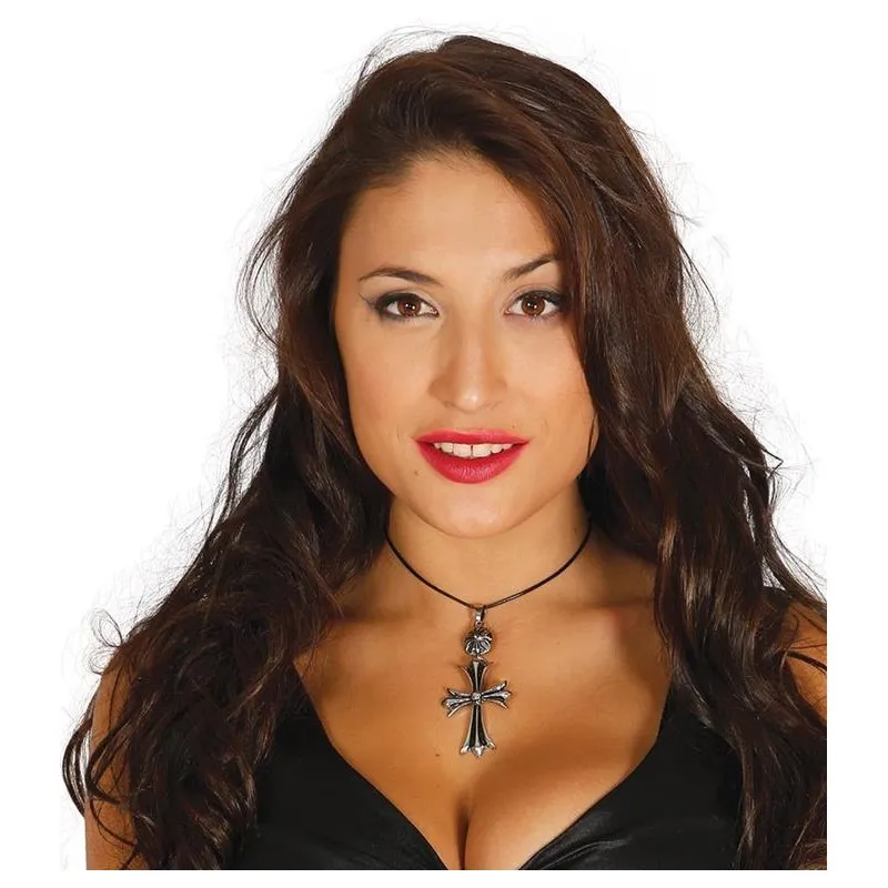 COLLANA CON PENDOLO CROCE IN METALLO 8CM ARTICOLO PER TRAVESTIMENTI DI HALLOWEEN CARNEVALE E SPETTACOLI A TEMA HORROR