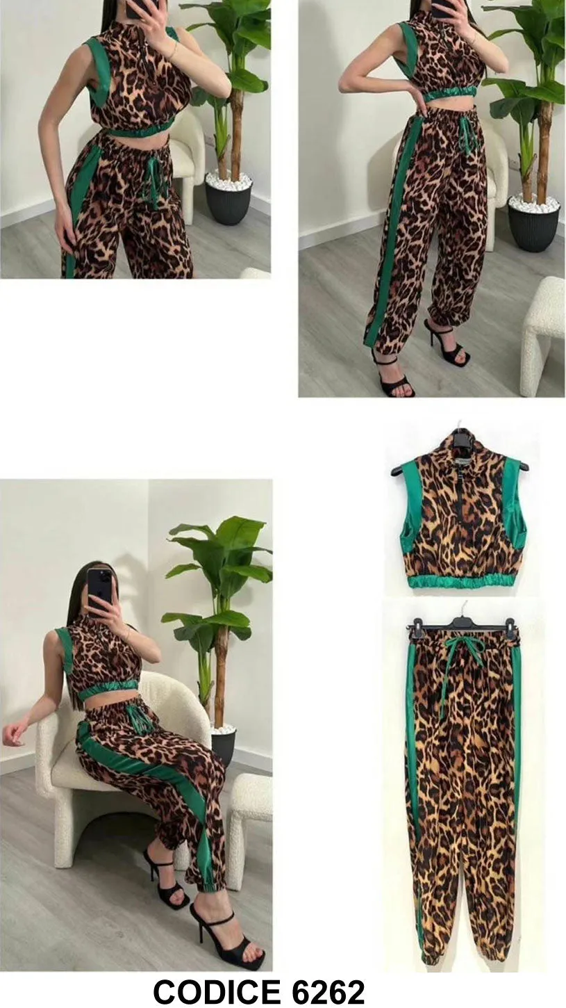 Completo Top Animalier Pantalone Sigaretta Coordinato Jungle Maculato Fasce Fluorescenti in Verde - 6262