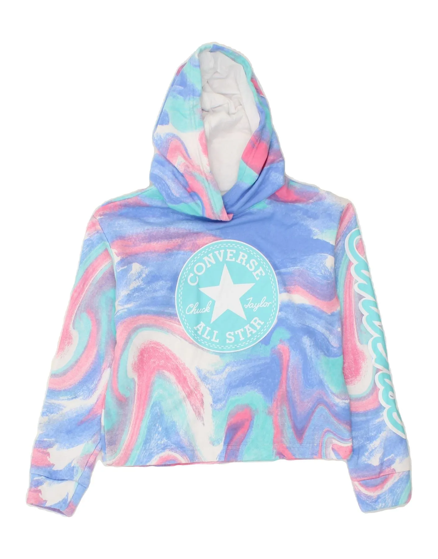 CONVERSE Girls Crop Hoodie Jumper 12-13 Years Large Multicoloured Tie Dye