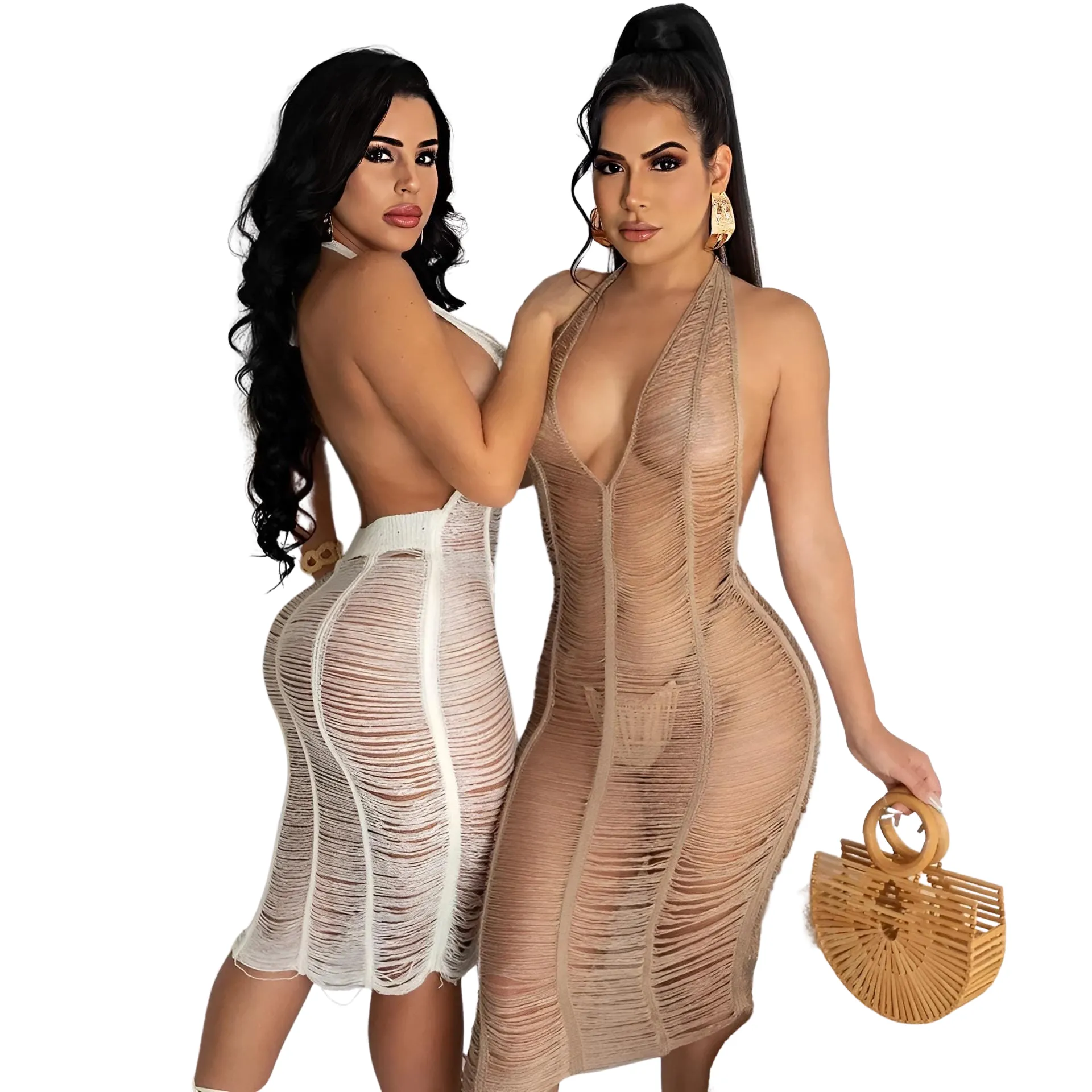 Copricostume Donna Bretella Scollo Cuore Schiena Scoperta Frange Moda Mare