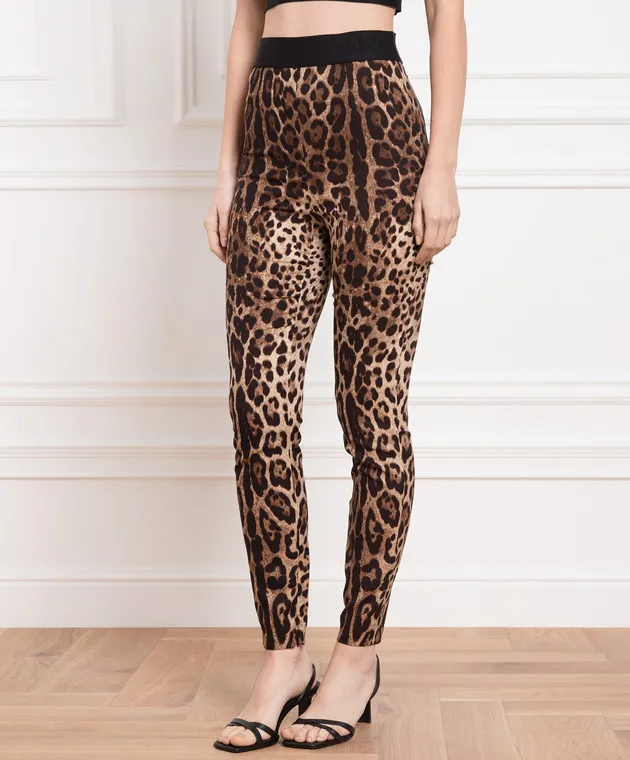 Dolce&Gabbana Leggings marroni in seta con stampa leopardata FTCTNTFSADD