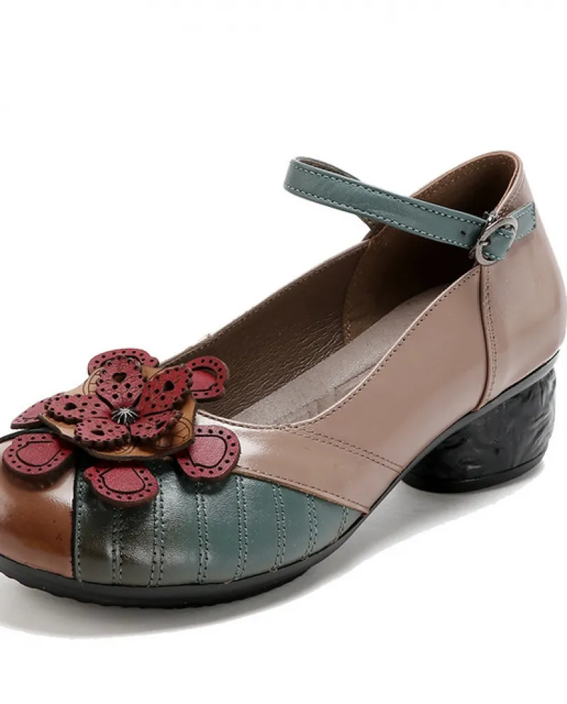 Décolleté in vera pelle floreale stile retrò etnico da donna 2022 Sandali con tacco con fibbia e cinturino a T primavera Scarpe