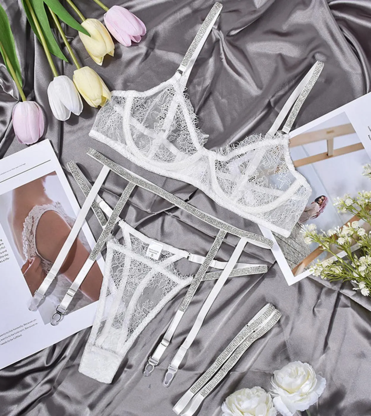 Ellolace Rhinestone Lingerie Sheer Lace Seamless Bra Kit Push Up Sissy Underwear Transparent Intimate Luxury Exotic Sets