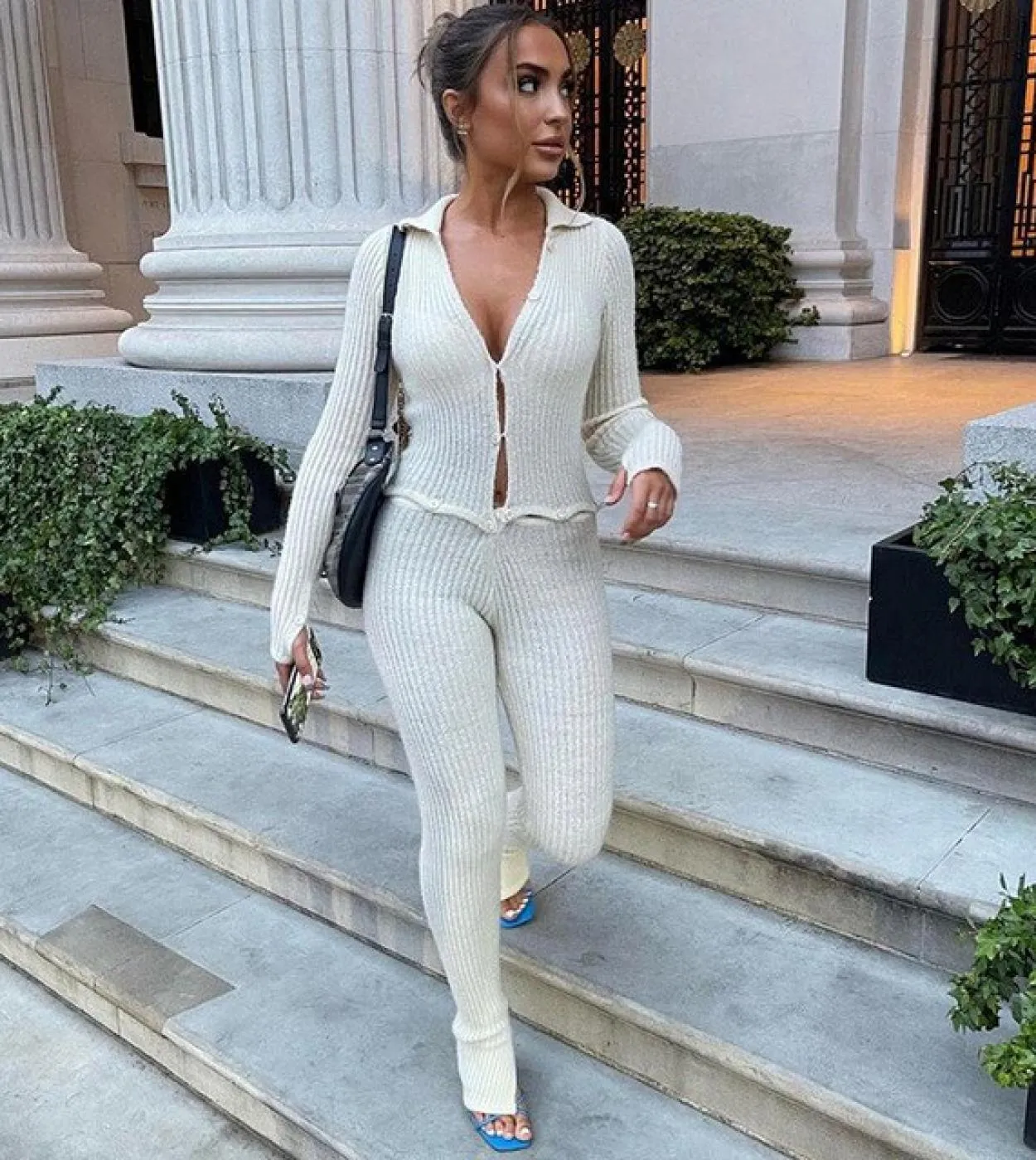Gacvga Tuta aderente lavorata a maglia Autunno Pagliaccetti casual Donna Crop Top Bottoni Link Pantaloni Set due pezzi Tuta