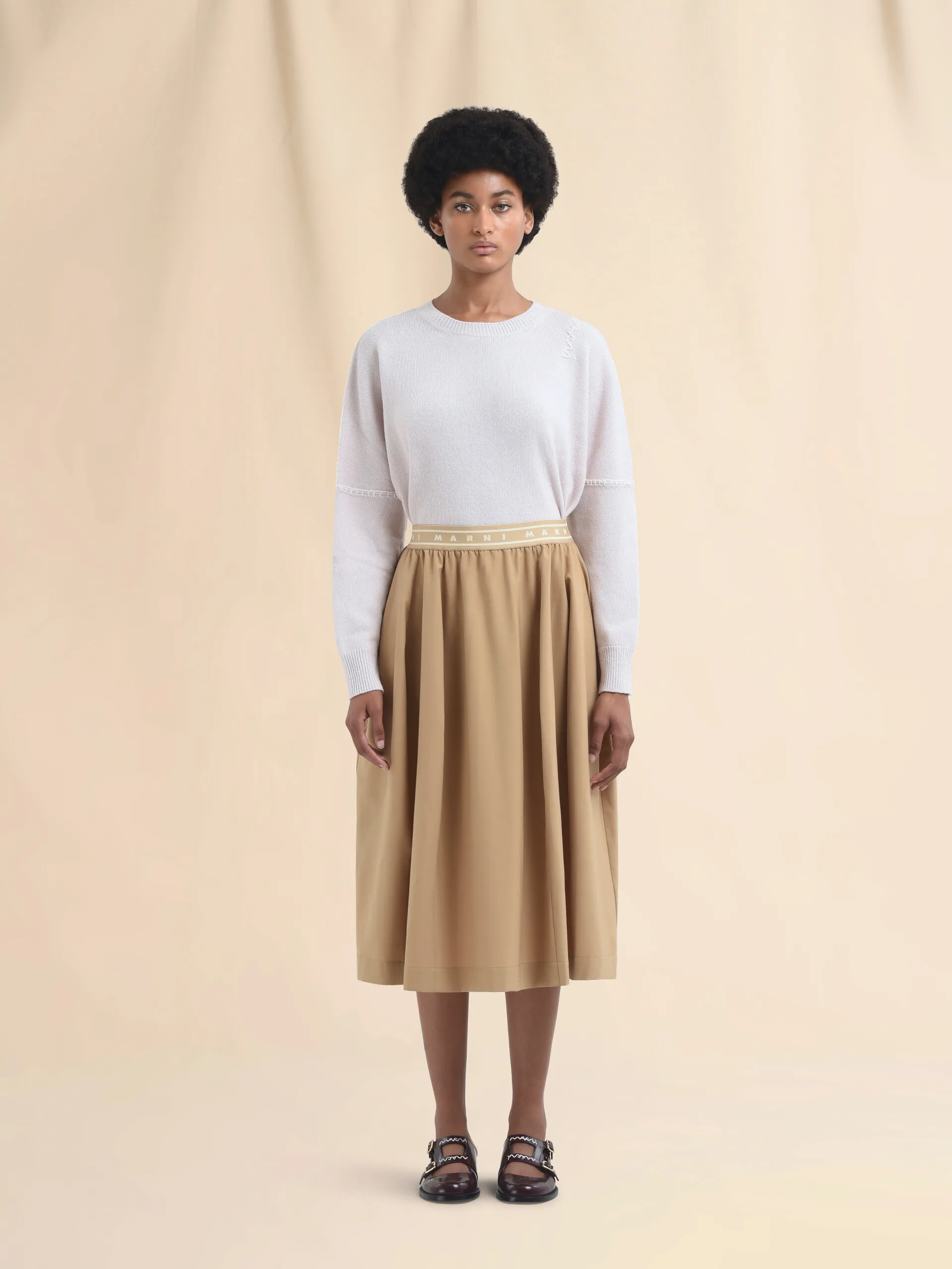Gonna midi in mista lana beige con ricamo Marni Symbol