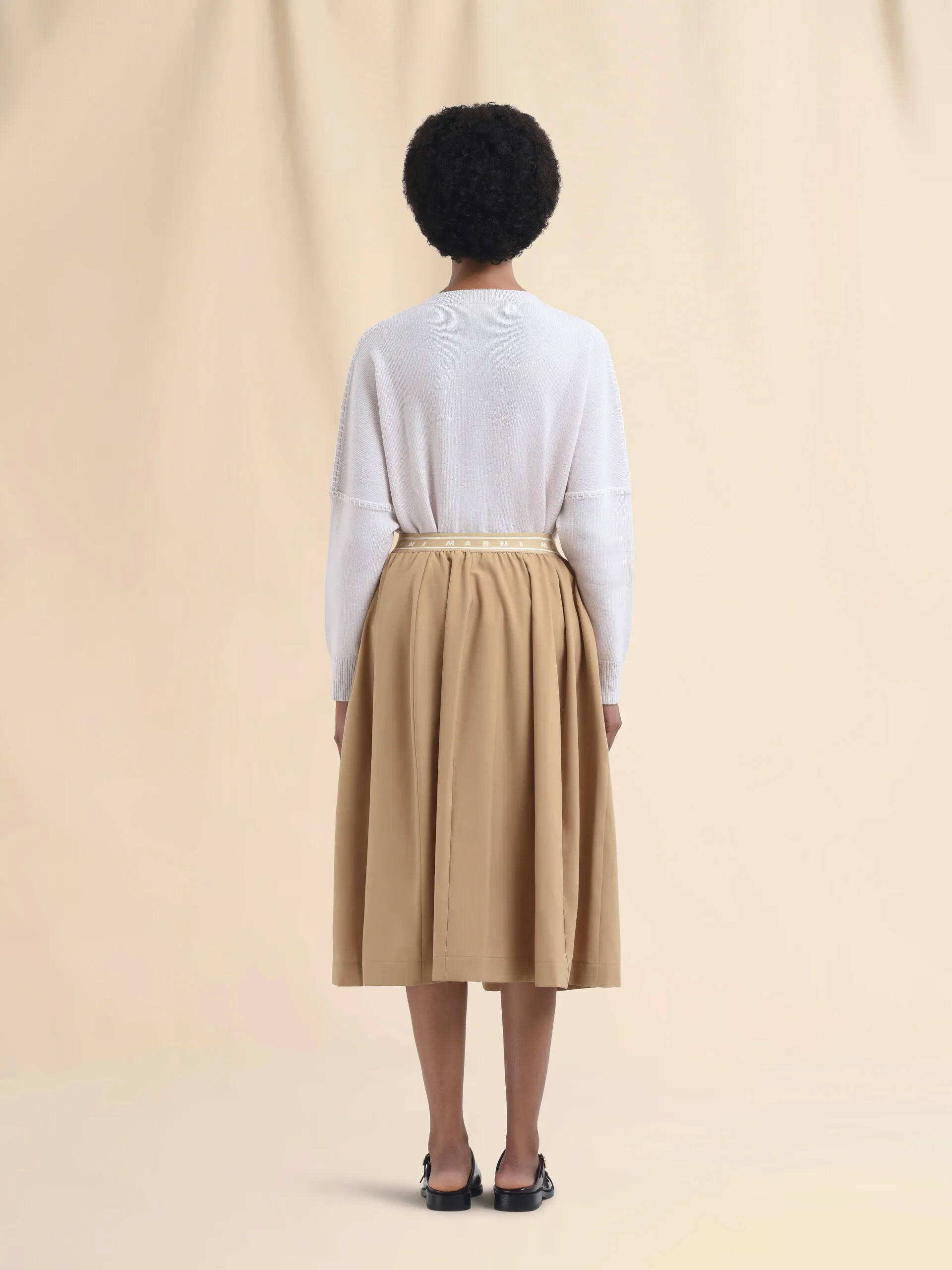 Gonna midi in mista lana beige con ricamo Marni Symbol