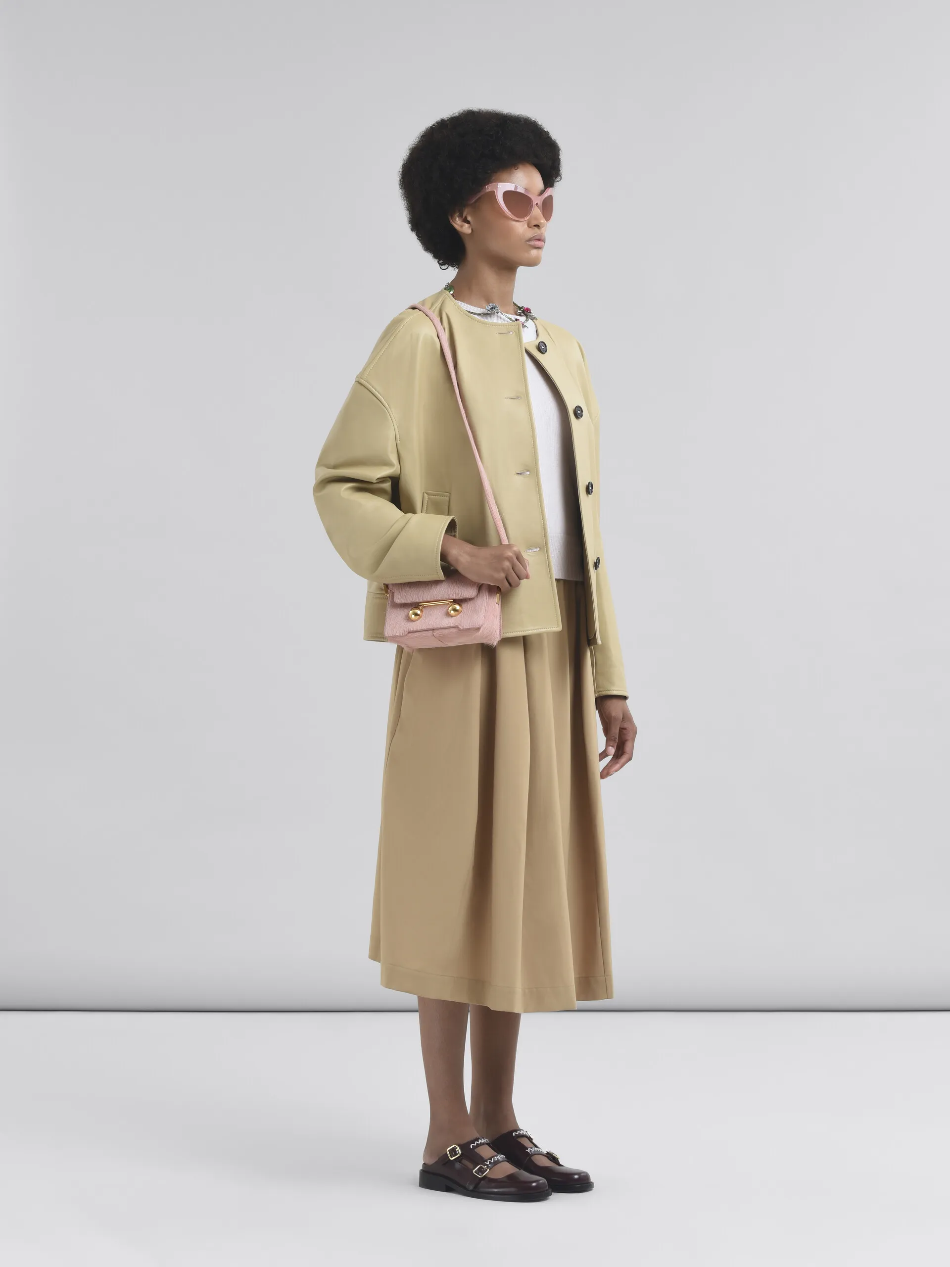 Gonna midi in mista lana beige con ricamo Marni Symbol