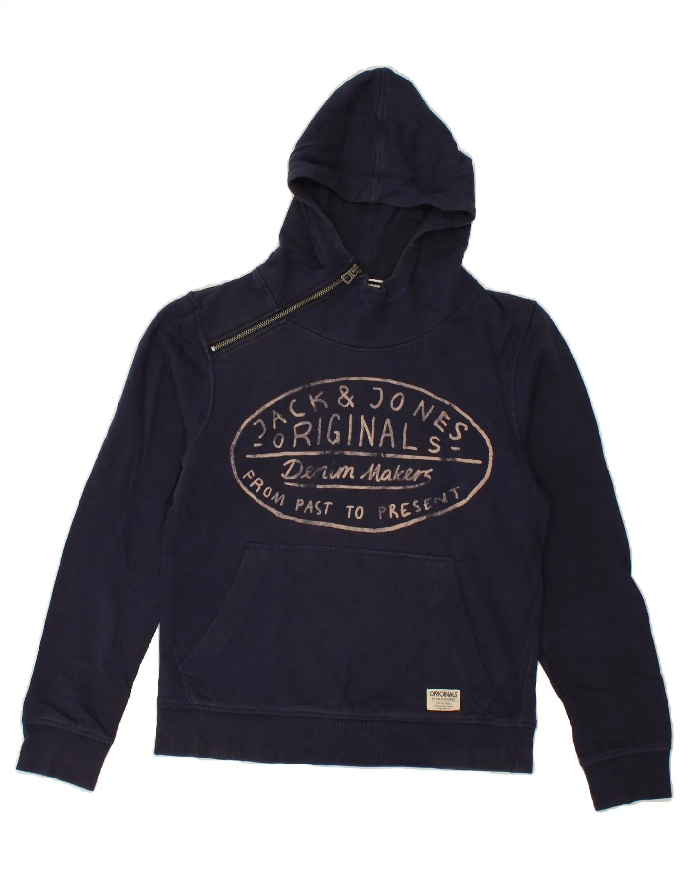 JACK & JONES Mens Graphic Zip Neck Hoodie Jumper Small Navy Blue Cotton