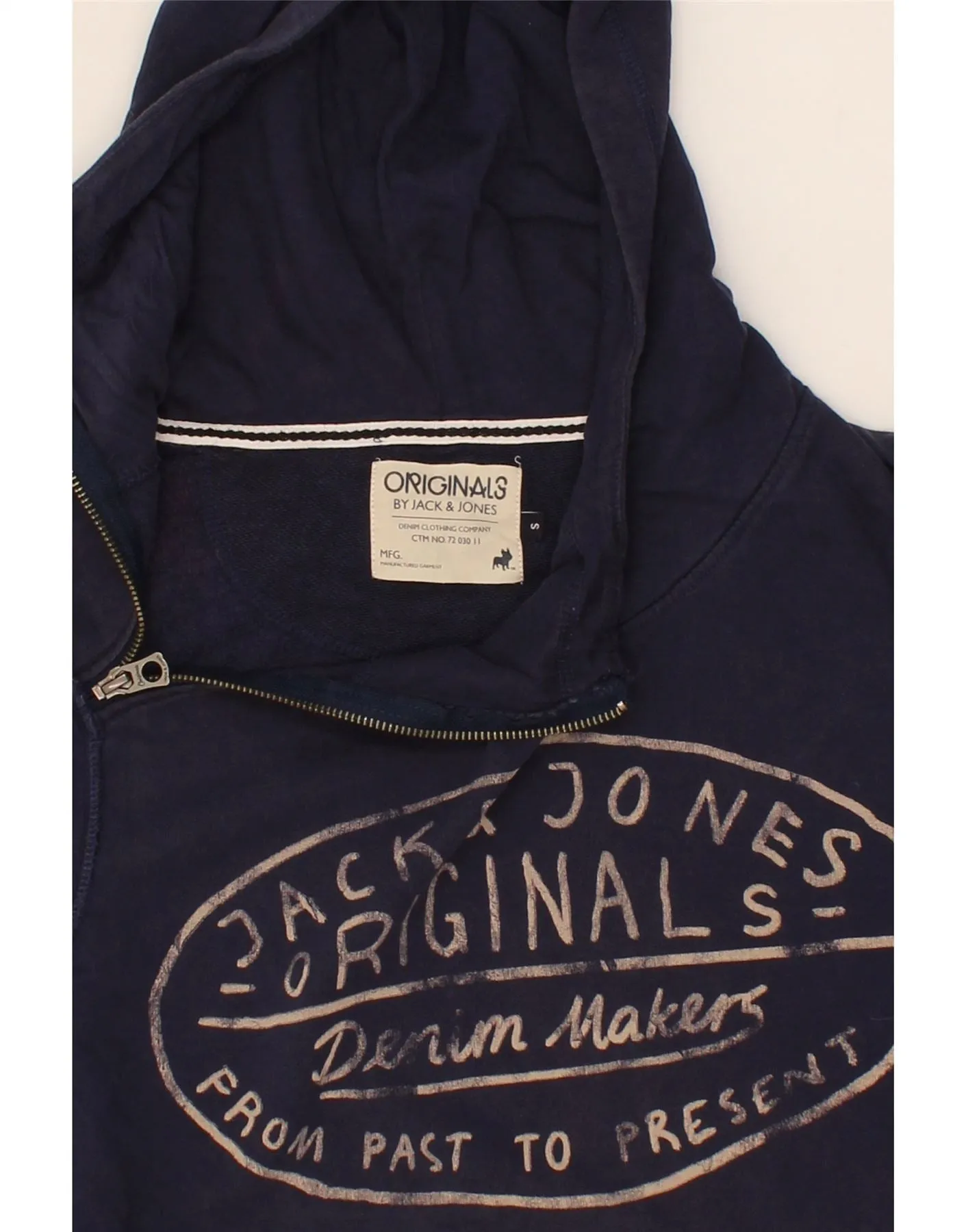 JACK & JONES Mens Graphic Zip Neck Hoodie Jumper Small Navy Blue Cotton