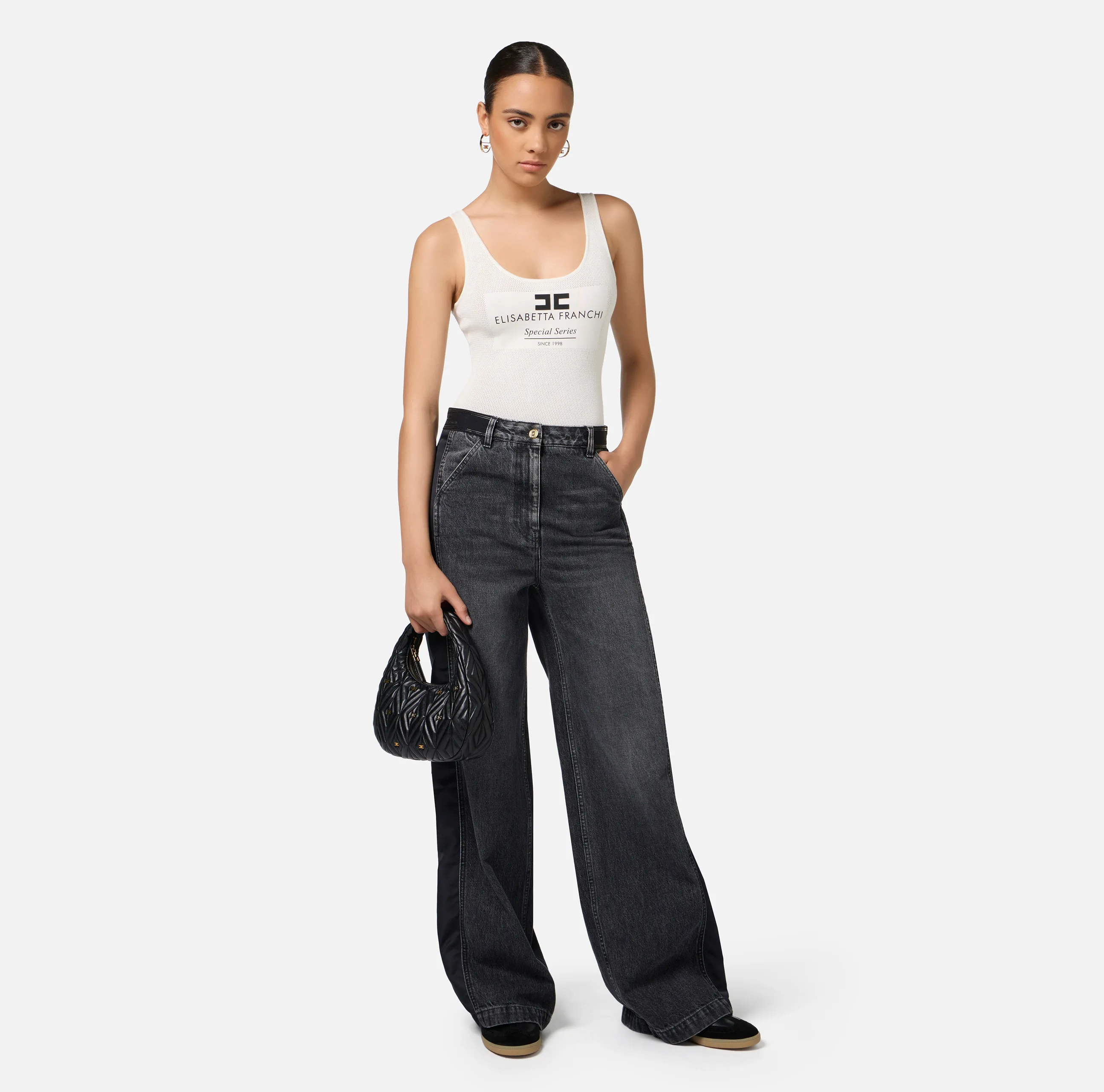 Jeans a gamba larga in cotone con inserti in nylon