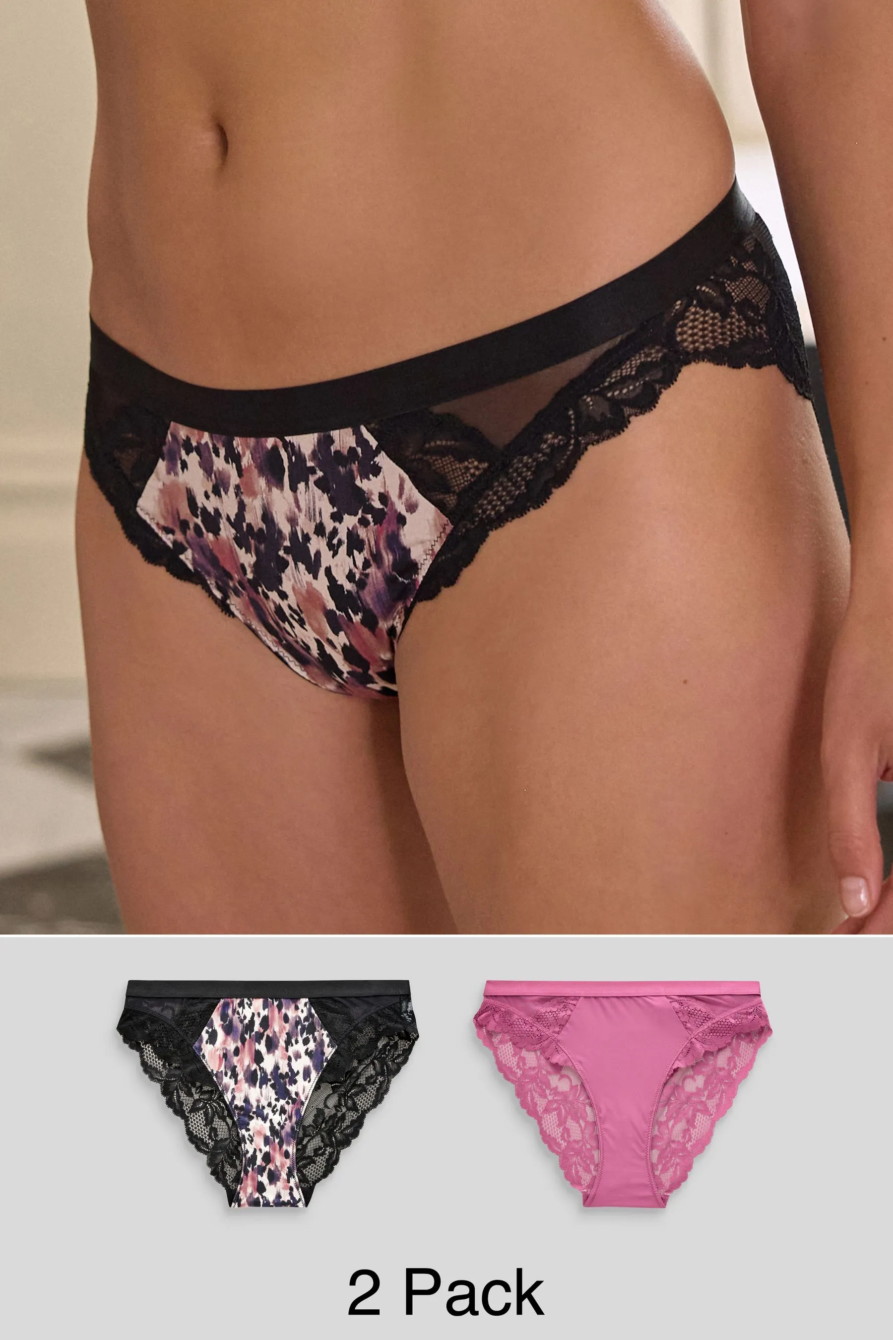 Lace Trim High Leg Knickers 2 Pack    