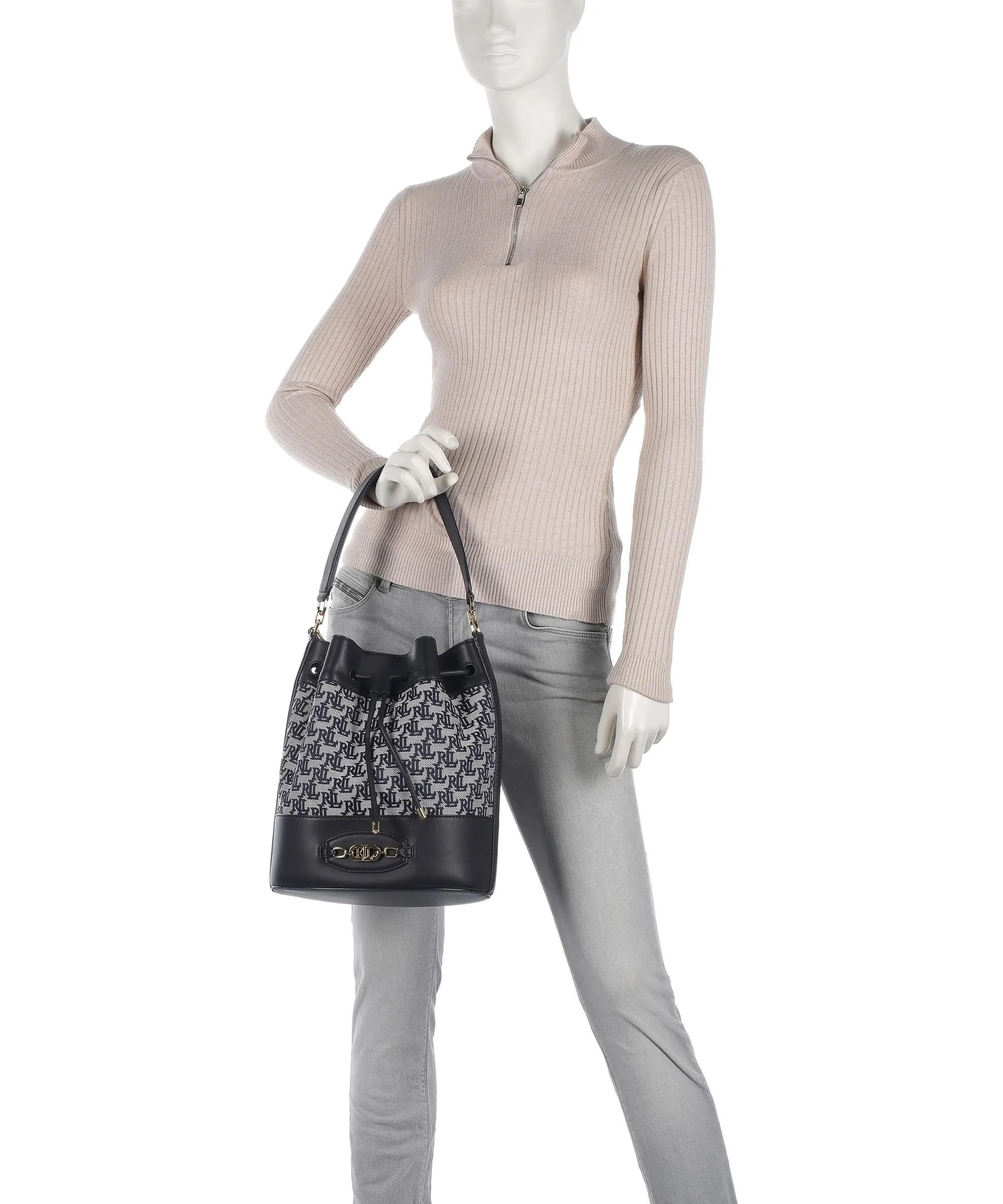  Lauren Ralph Lauren Andie 25 Borsa a secchiello cotone, pelle di vacchetta finemente grana navy  