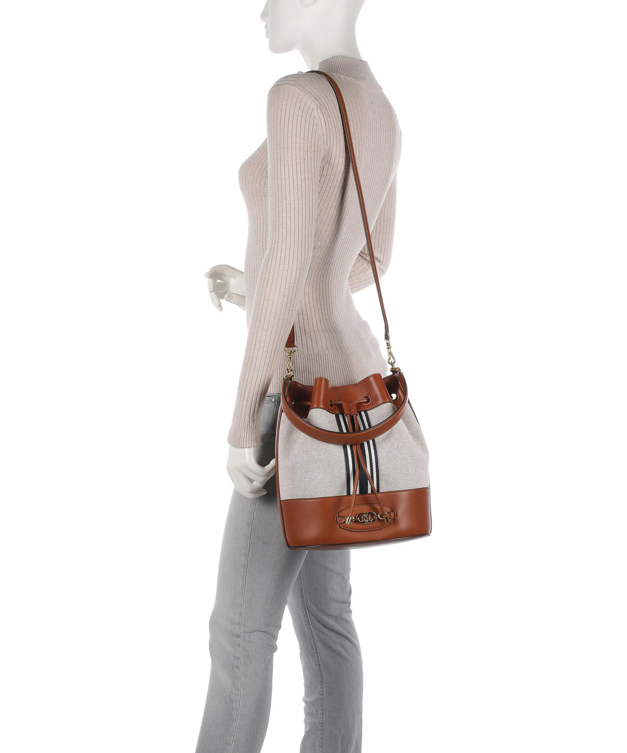 Lauren Ralph Lauren Andie 25 Borsa a secchiello pelle di vacchetta finemente grana, cotone avorio/marrone  