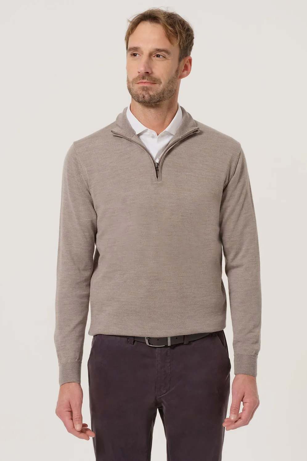 Maglia Collo Alto con Zip Tortora in Lana Merino