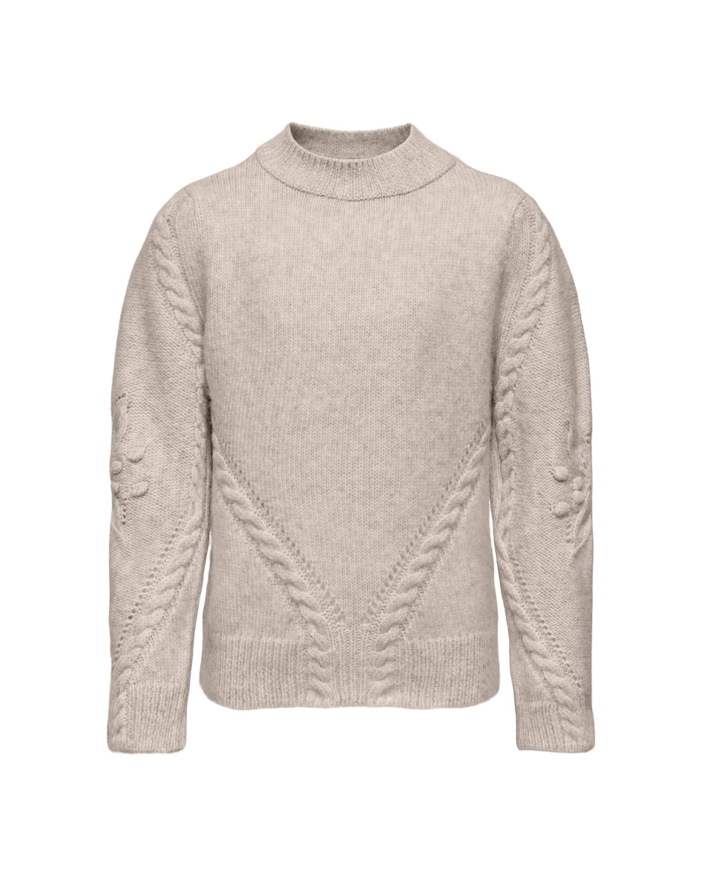 Maglia lupetto beige melange con motivo punzonato e a trecce davanti e sulle maniche 10-14 anni