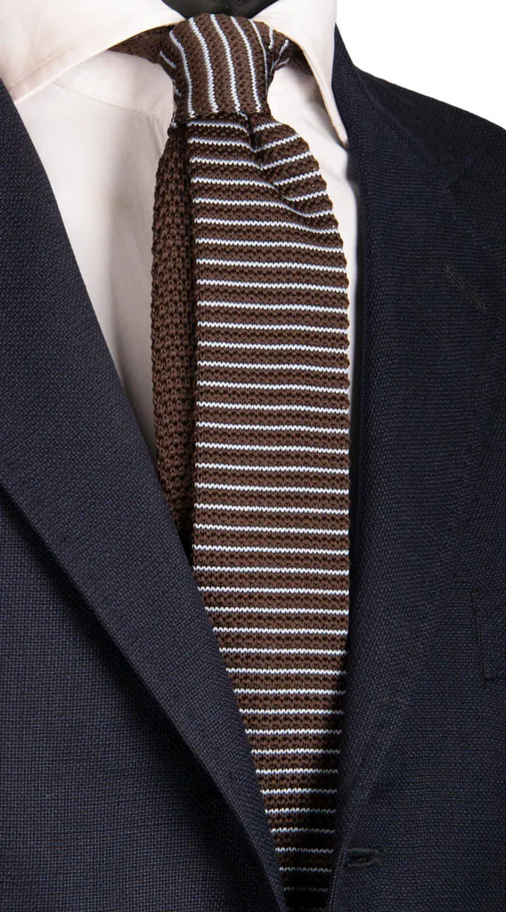 Man Brown Tricot Knitted Silk Tie Light Blue Stripes Tri418