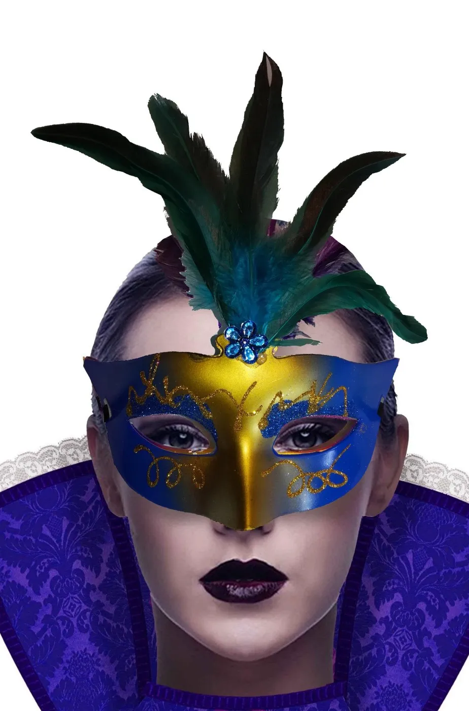 maschera di carnevale stile veneziano blu e oro con piume