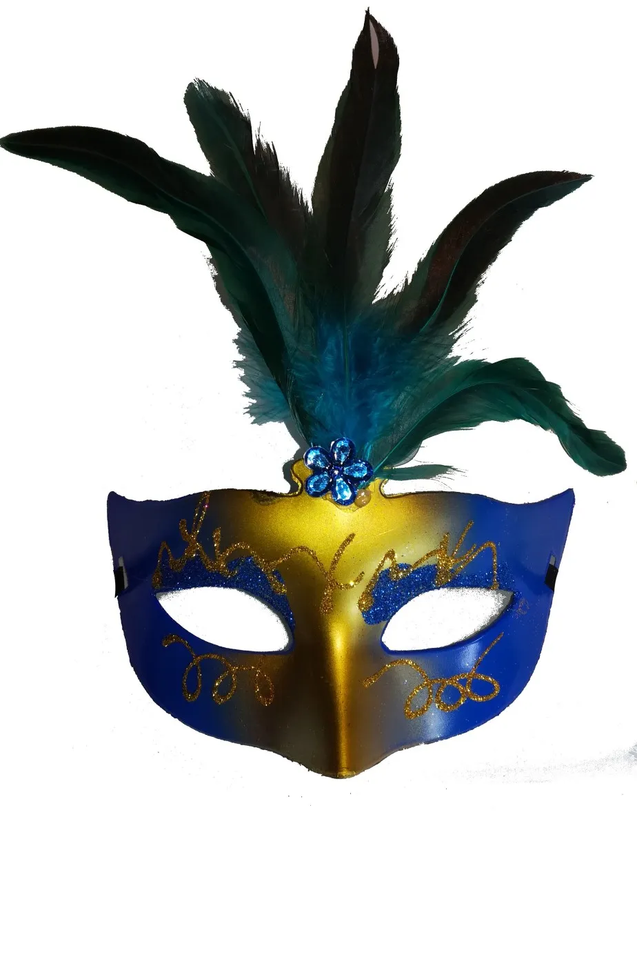 maschera di carnevale stile veneziano blu e oro con piume