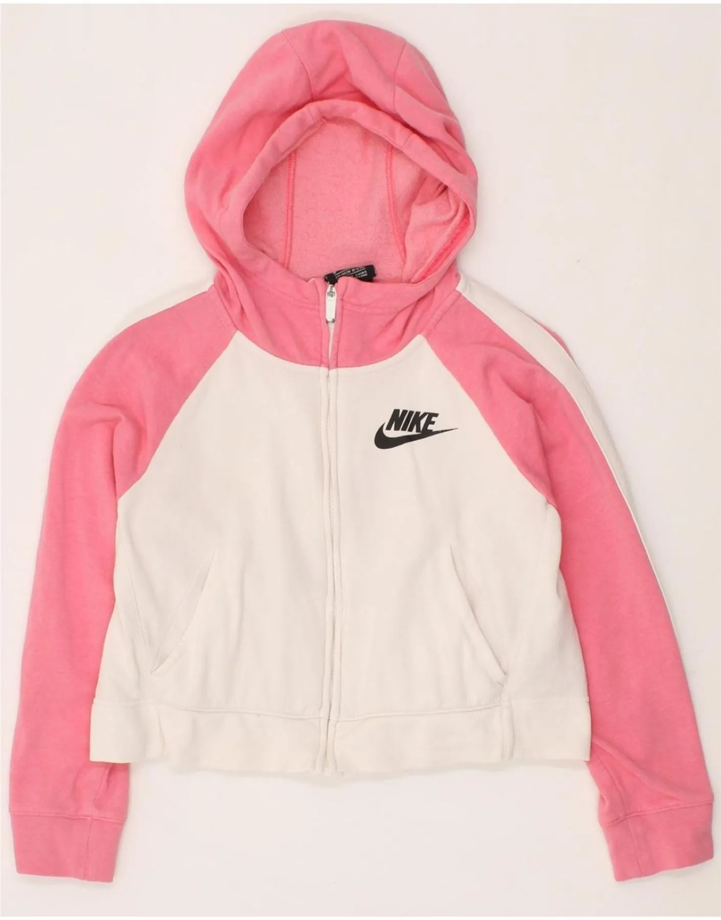 NIKE Girls Crop Zip Hoodie Sweater 10-11 Years Medium White Colourblock