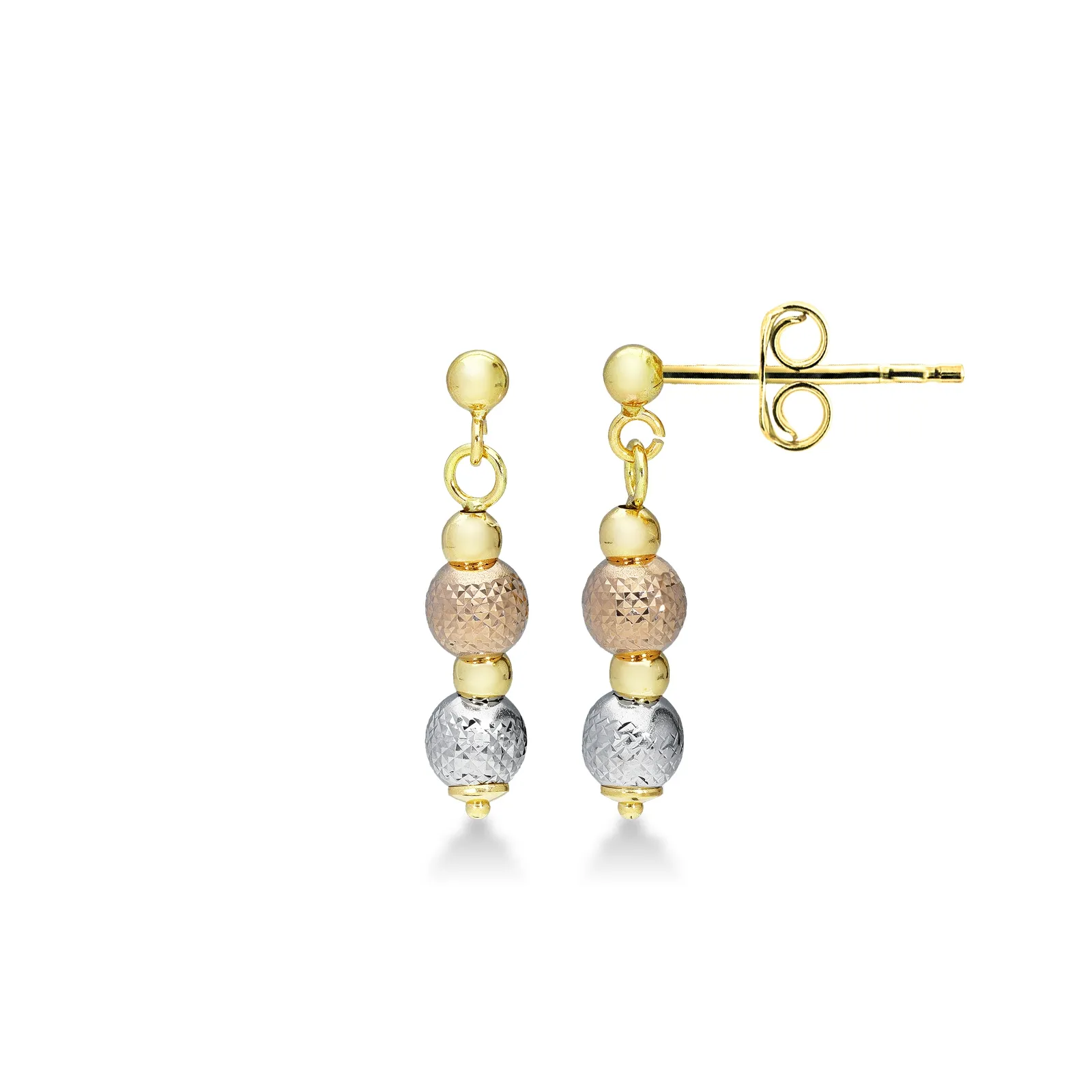 Orecchini con palline diamantate in oro giallo, bianco e rosa 18k