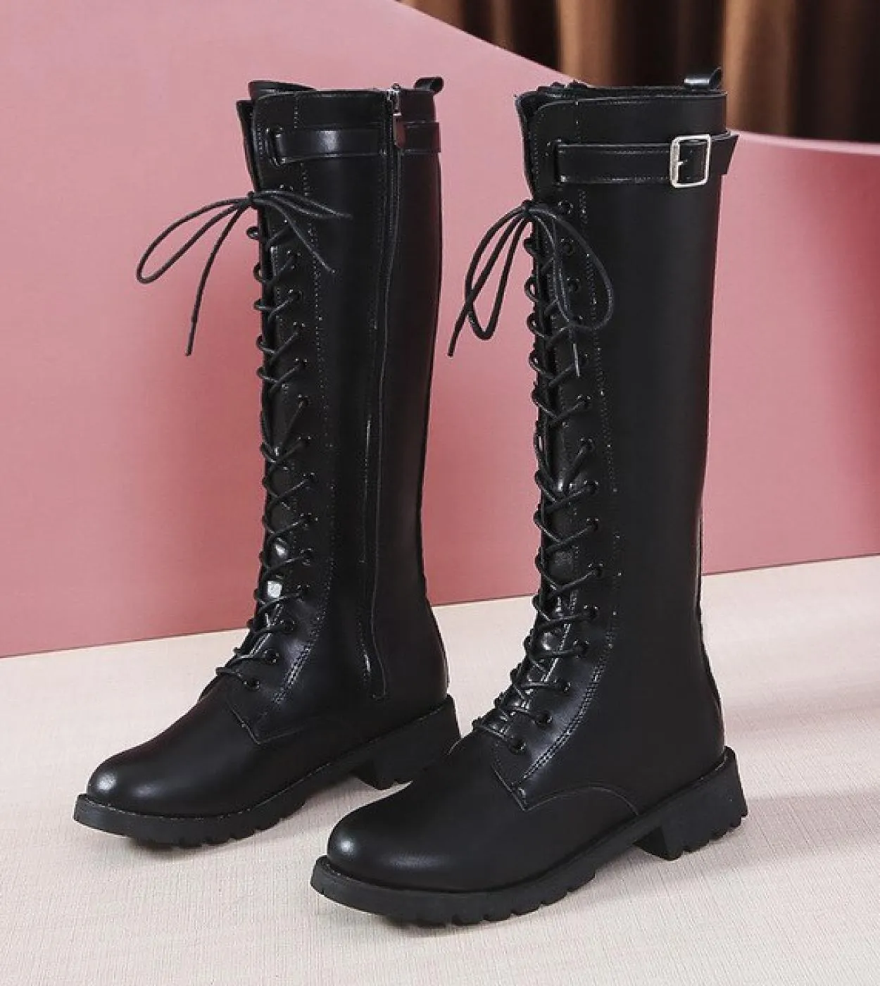 Plus Size Autunno Inverno Stivali Alti Al Ginocchio Moda Donna Fibbia Tubo Alto Stivali In Pelle Pu Cerniera Donna Tacchi Bassi