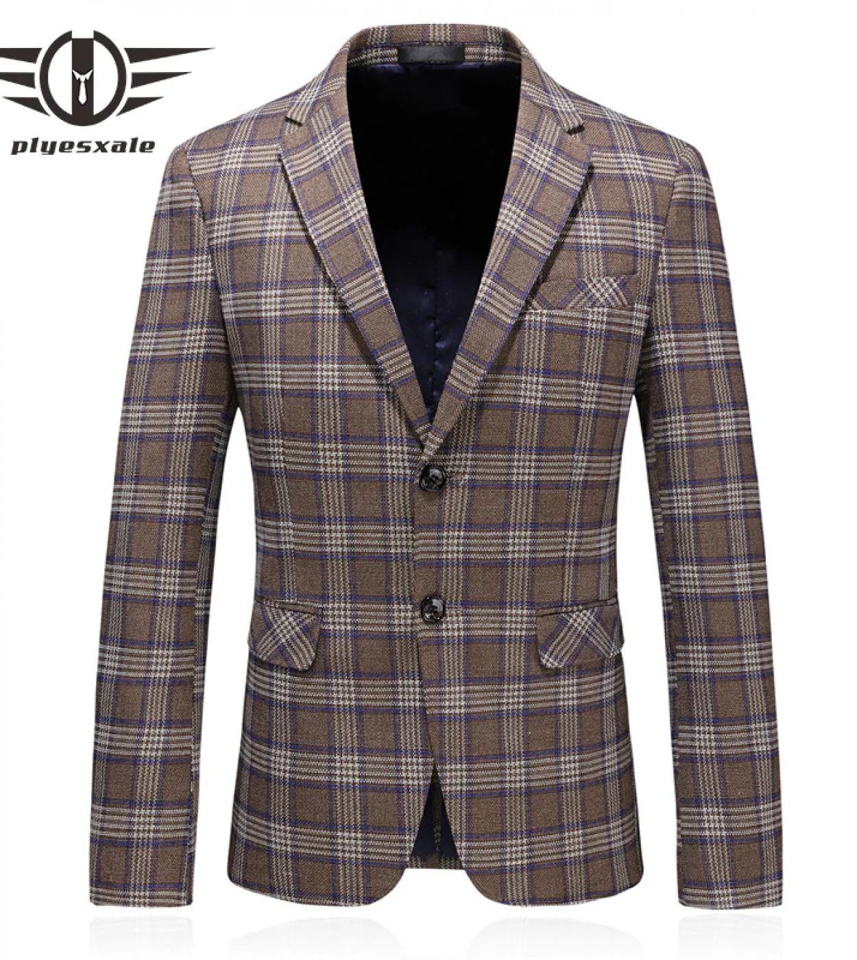 Plyesxale Giacca da uomo scozzese slim fit Giacca primavera autunno Blazer casual da uomo Grigio blu navy Elegante giacca da uom
