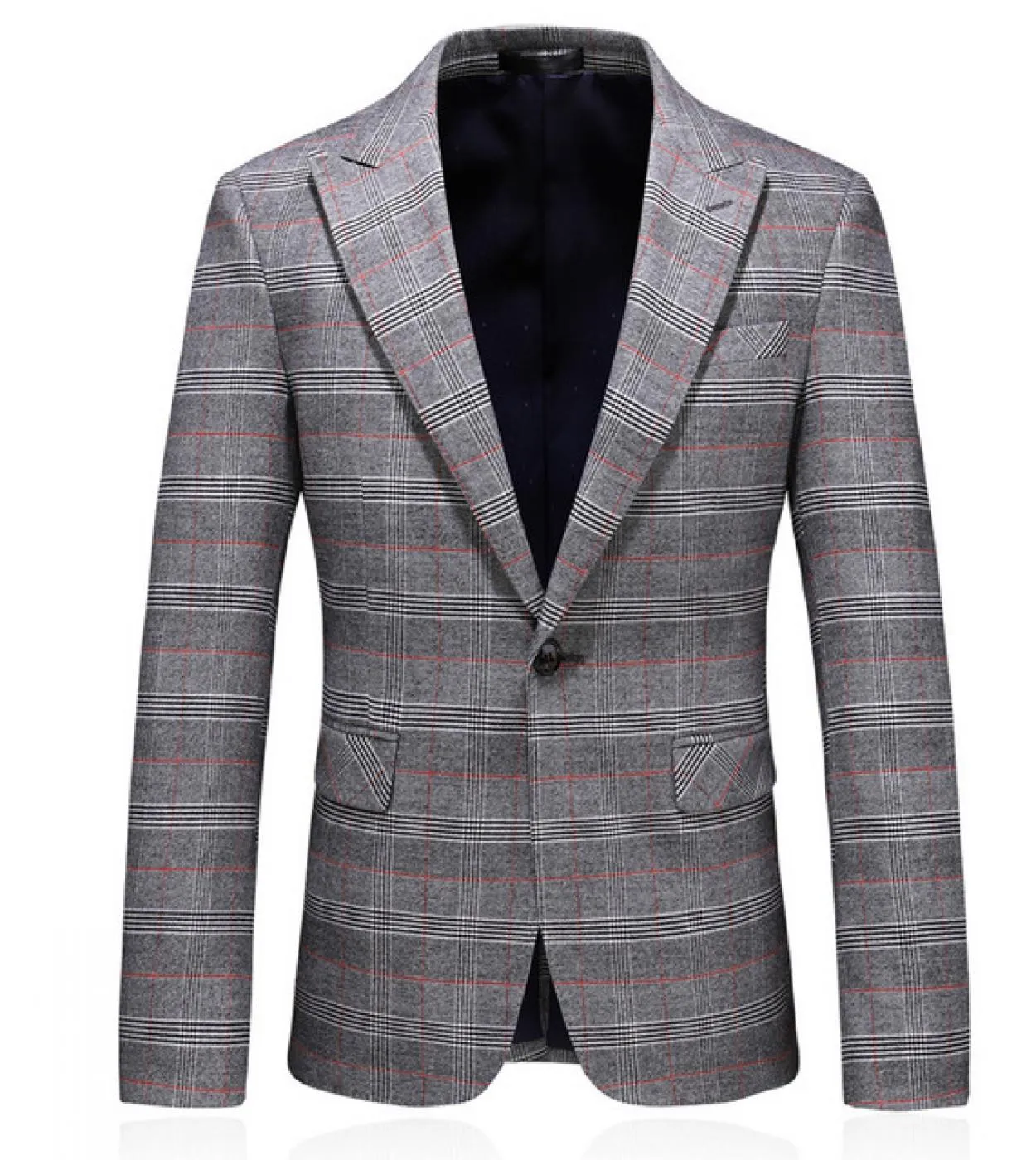 Plyesxale Giacca da uomo scozzese slim fit Giacca primavera autunno Blazer casual da uomo Grigio blu navy Elegante giacca da uom