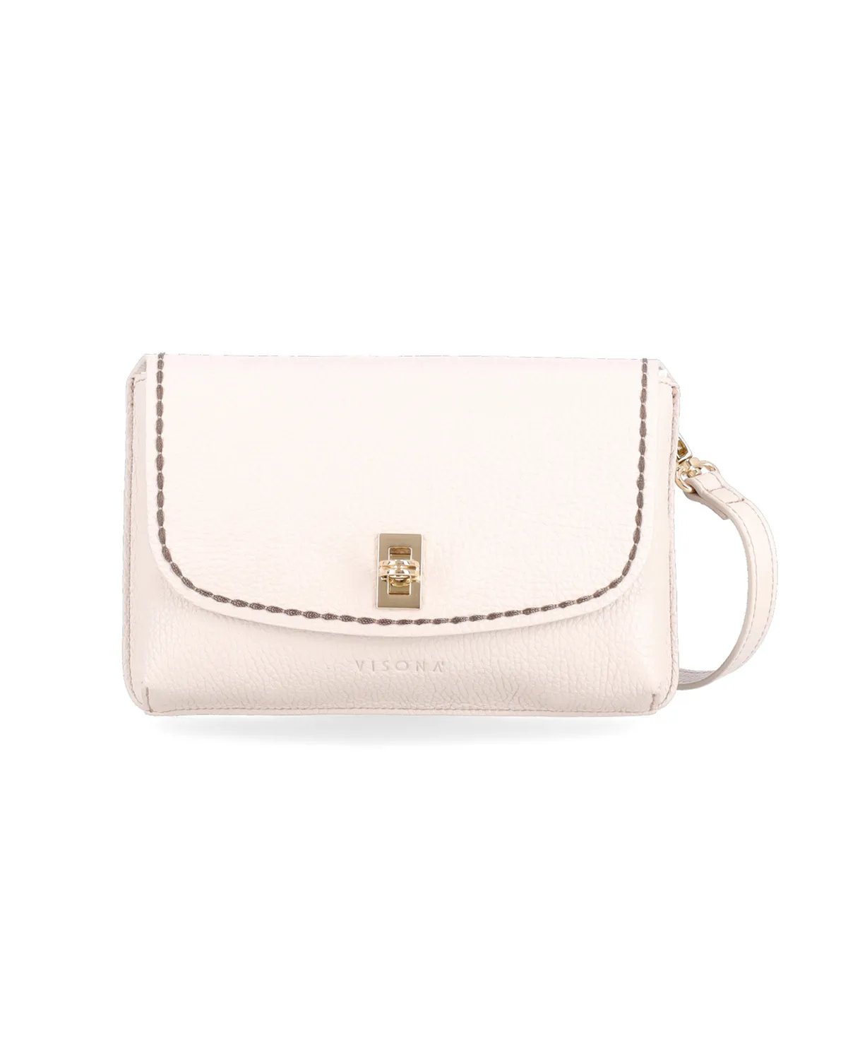Pochette color avorio in pelle martellata con chiusura a girello e tracolla removibile