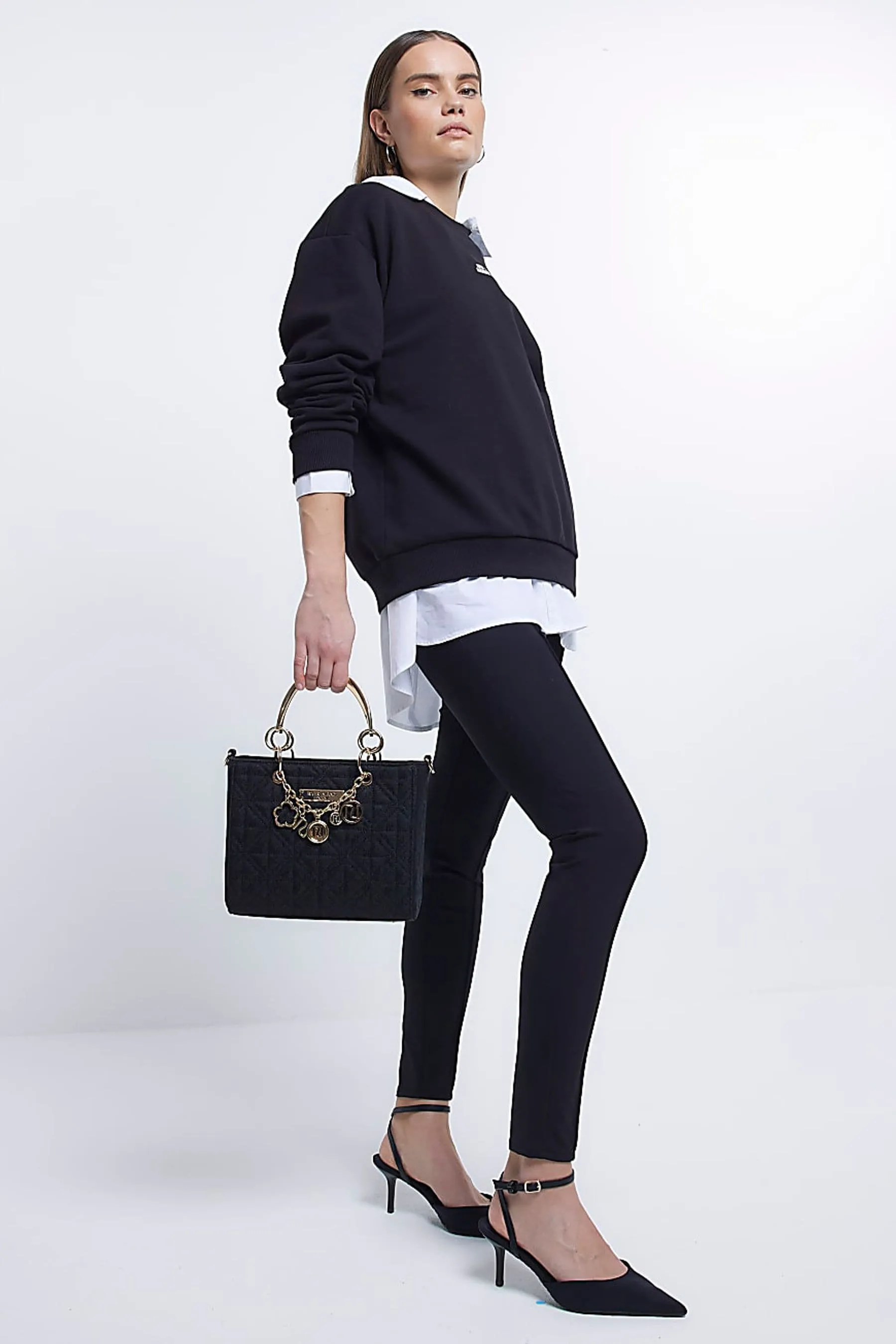 River Island Nero - Borsa tote in jacquard con ciondoli