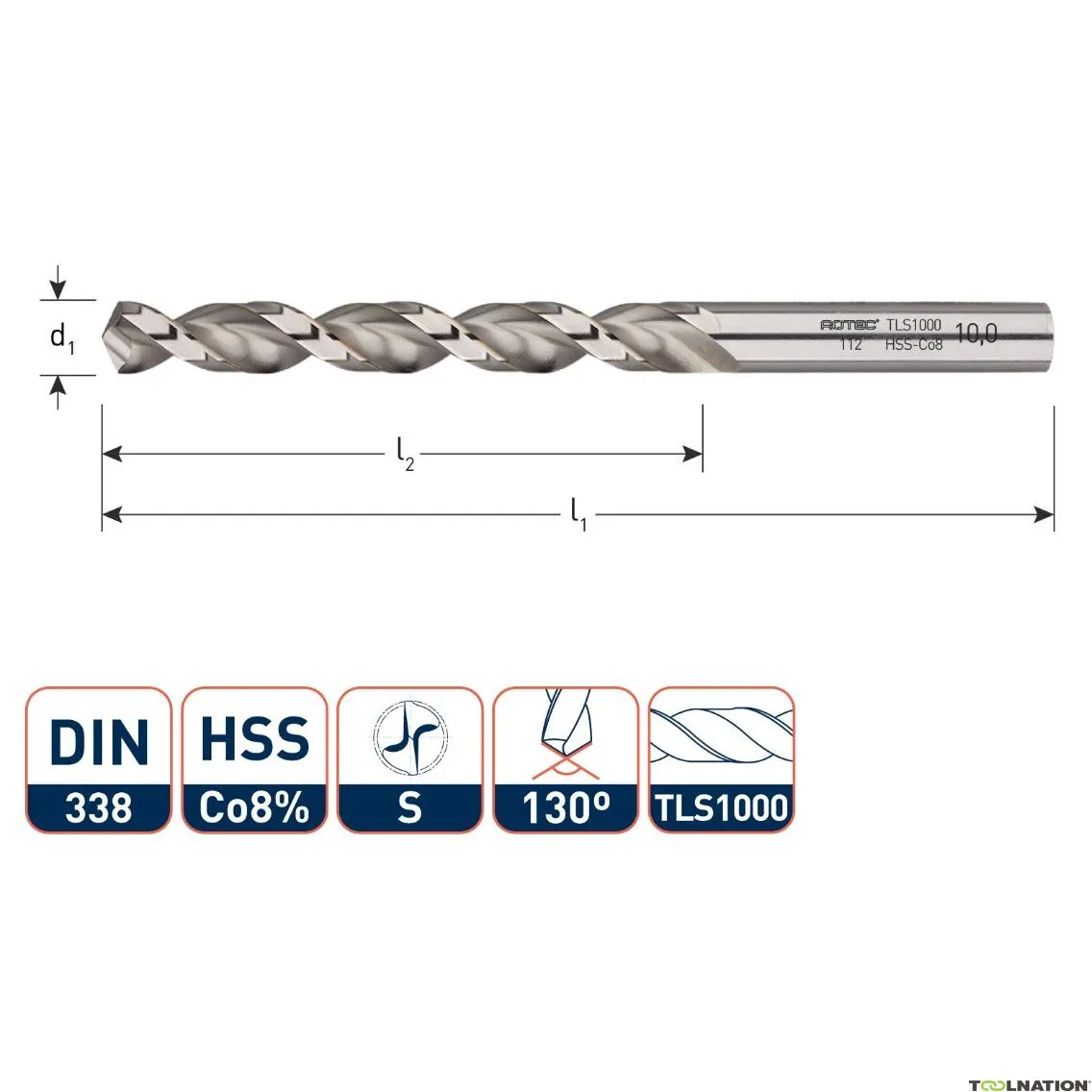 Rotec 112.0910 Punta elicoidale HSS-E, DIN338, tipo TLS1000, Ø9,1