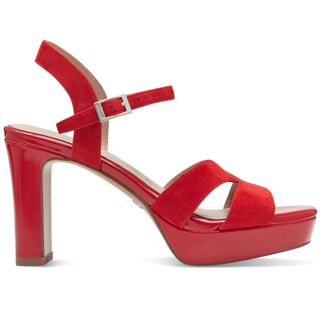 Sandalo platform Tamaris rosso in camoscio e vernice con tacco alto