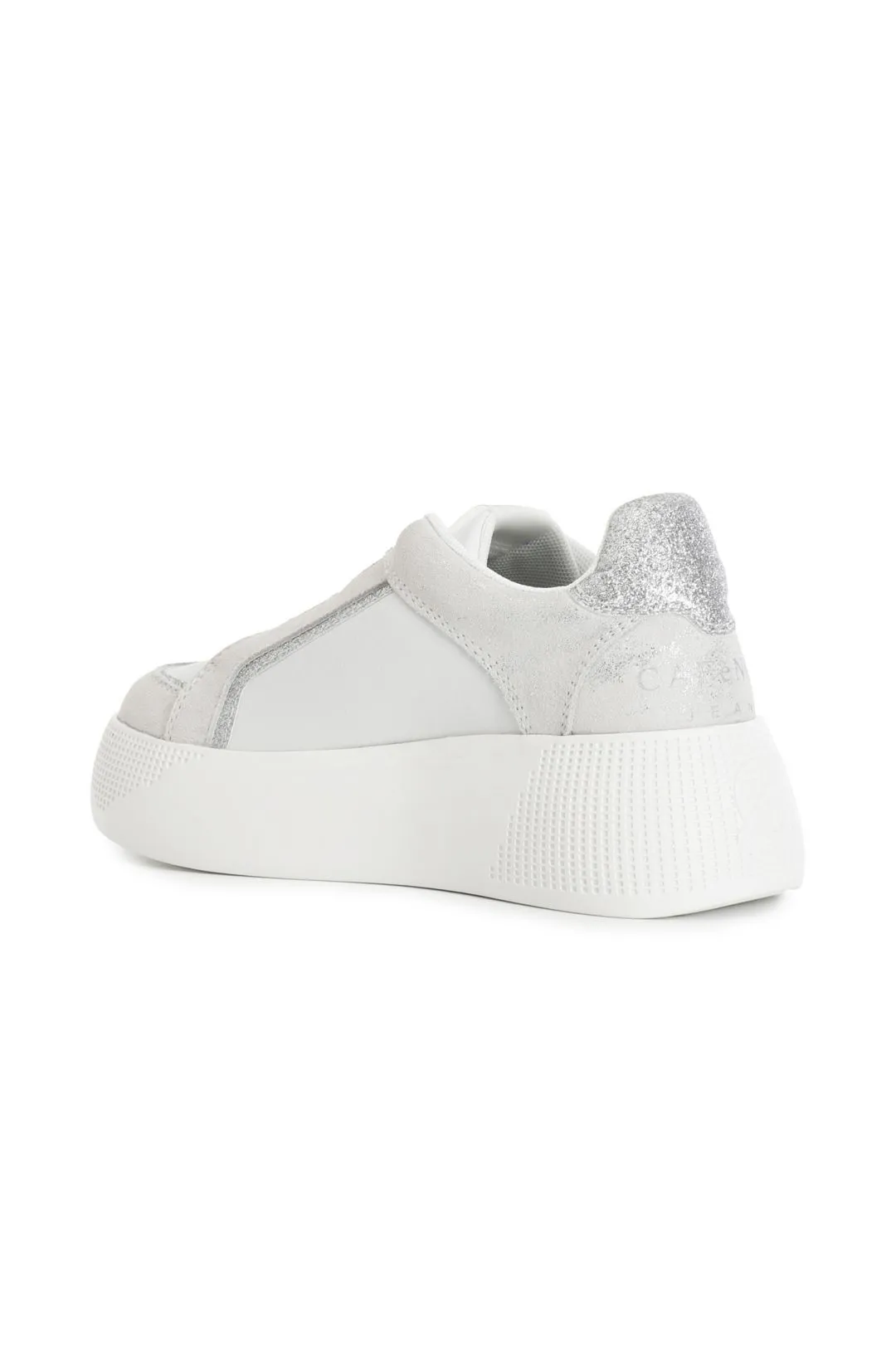 slip-on in pelle scamosciata laminata con riporti glitter bianco
