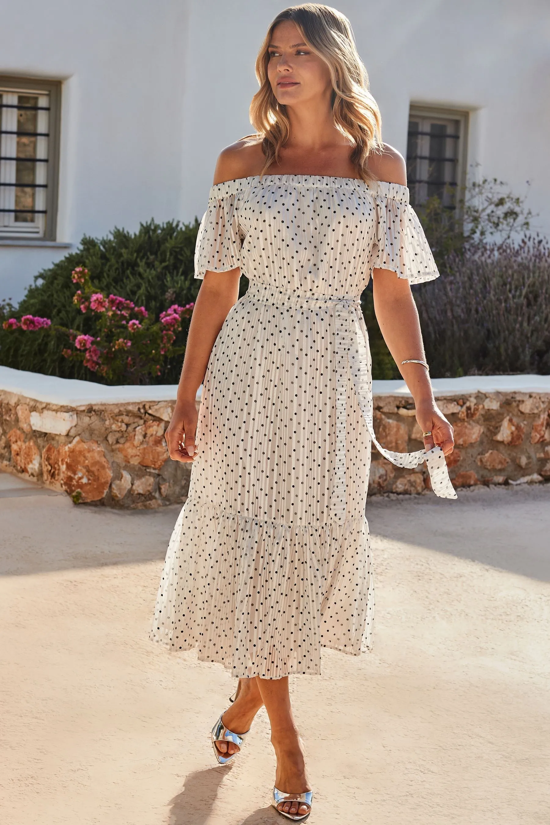 Sosandar A pois Stampa - Abito maxi a balze con scollo alla Bardot