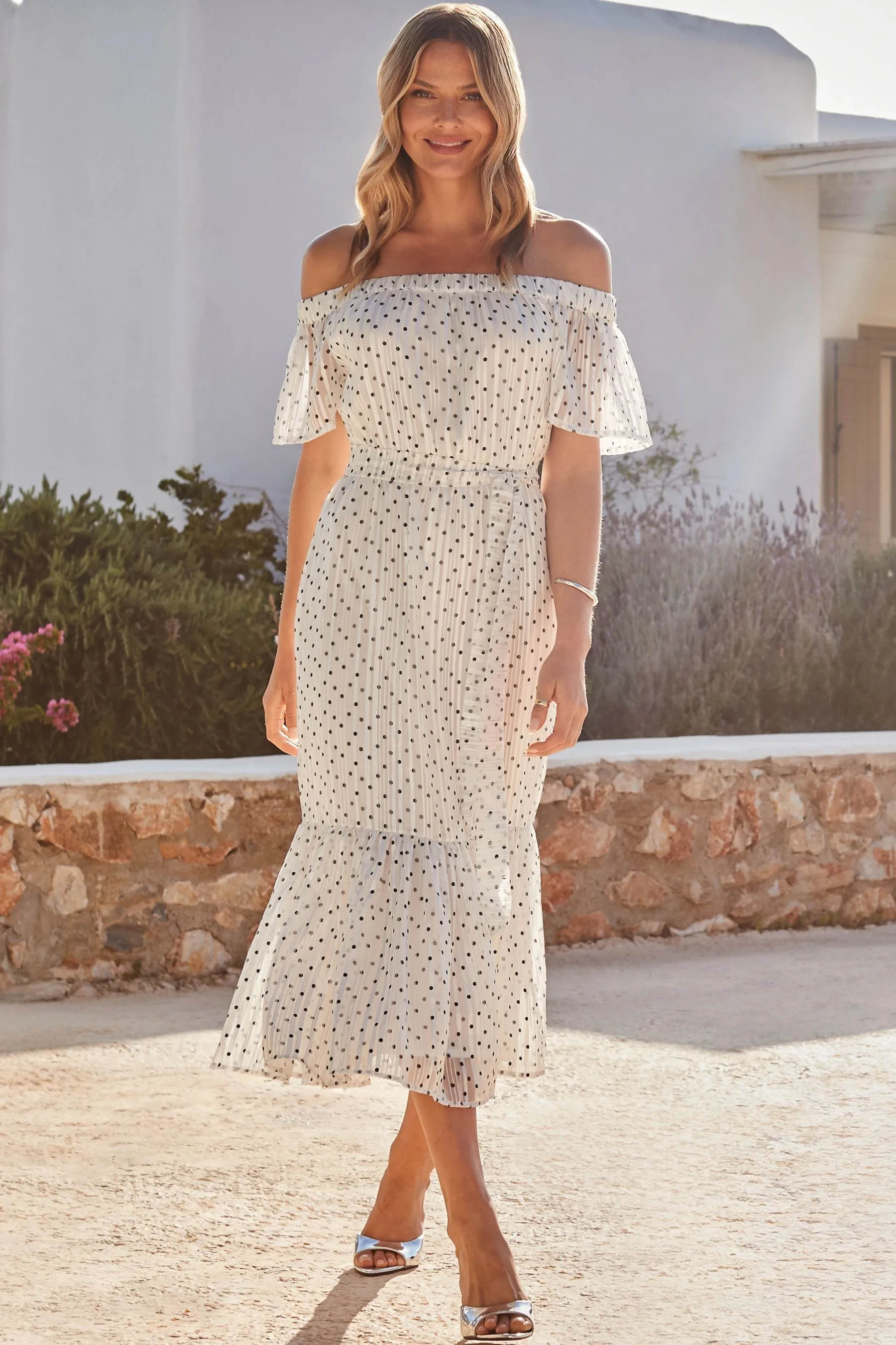 Sosandar A pois Stampa - Abito maxi a balze con scollo alla Bardot